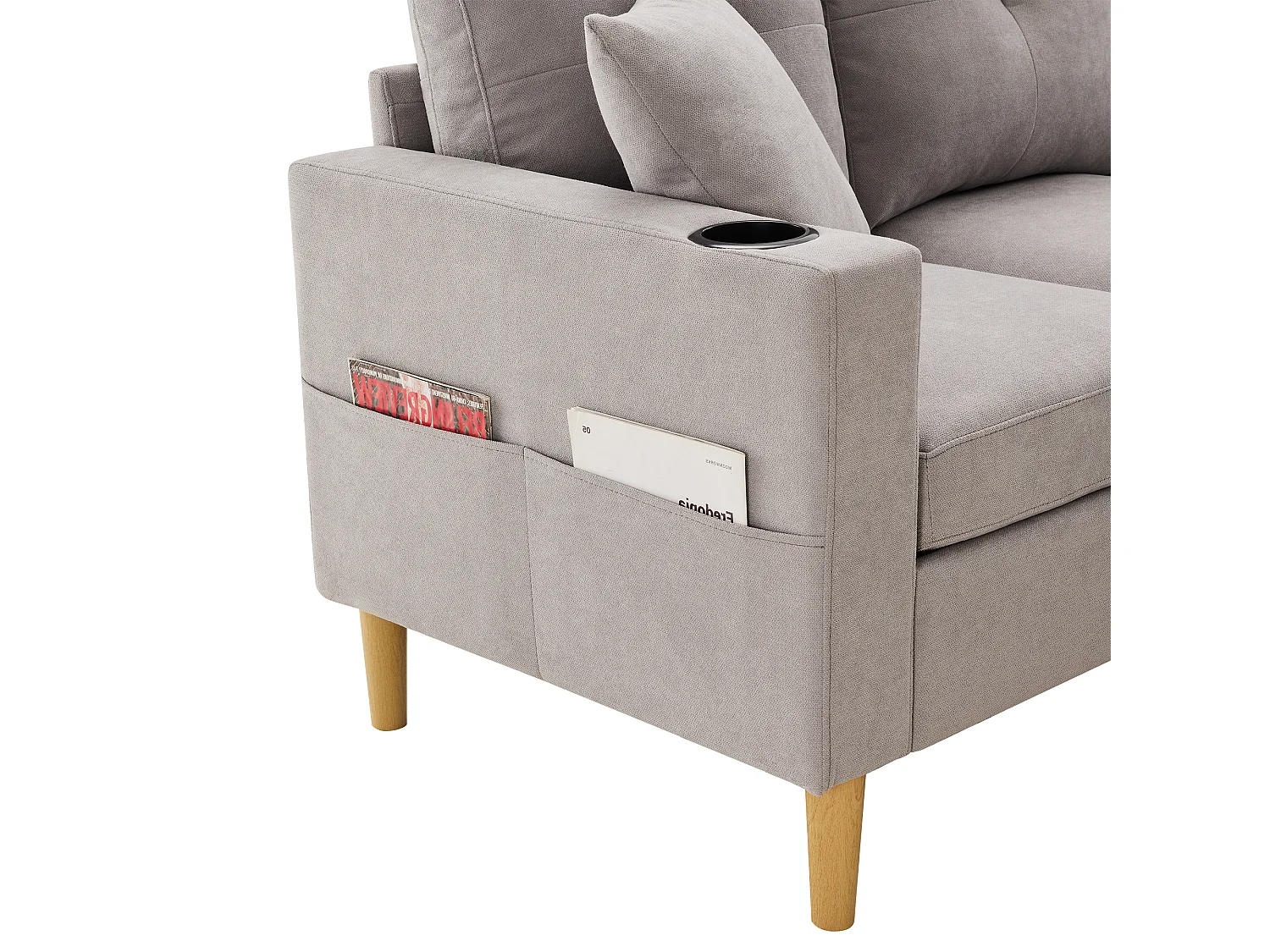 Canapé 3 places moderne en L - avec 2 porte-gobelets - 2 coussins - avec rangement - gris clair