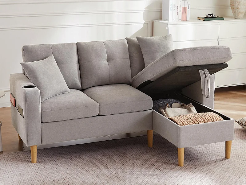 Canapé 3 places moderne en L - avec 2 porte-gobelets - 2 coussins - avec rangement - gris clair