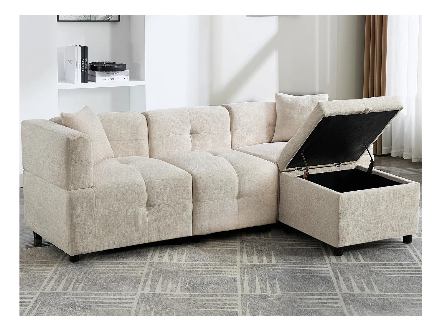 Hoekbank 3-zits - met opbergruimte - afneembare voetenbank - 2 kussens - beige