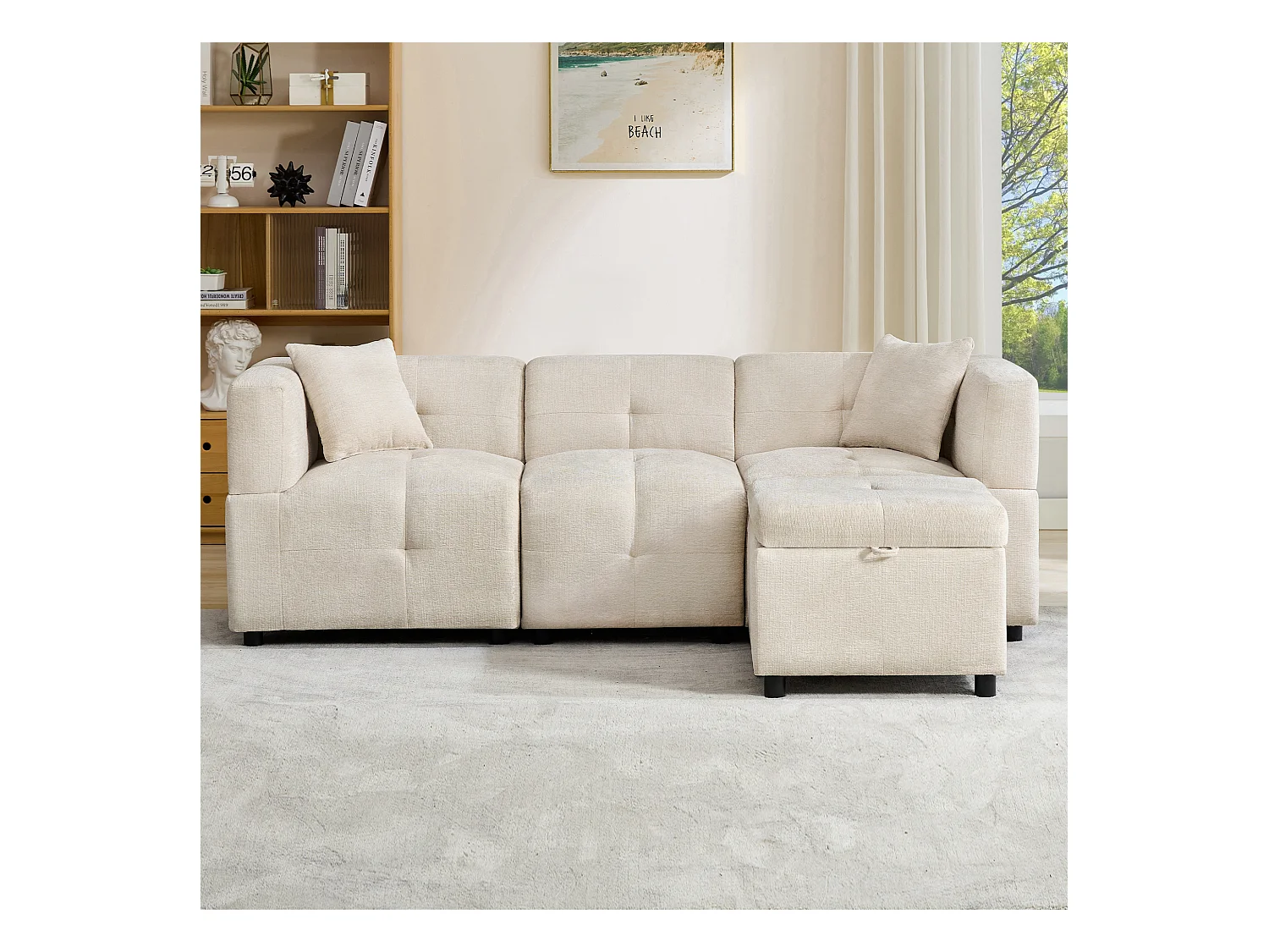 Hoekbank 3-zits - met opbergruimte - afneembare voetenbank - 2 kussens - beige