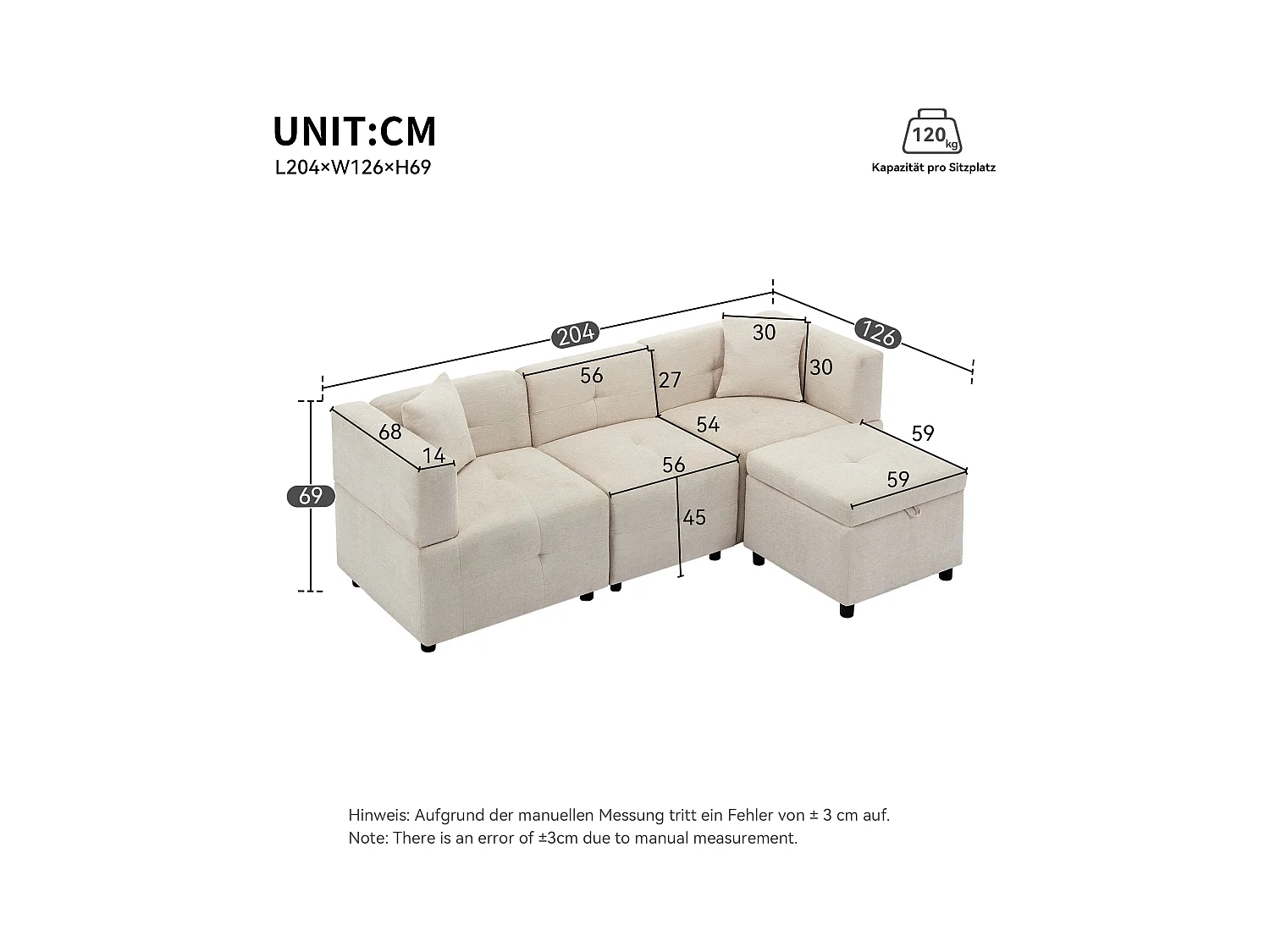 Hoekbank 3-zits - met opbergruimte - afneembare voetenbank - 2 kussens - beige