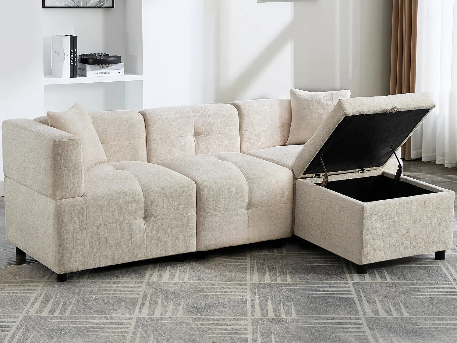 Ecksofa 3-Sitzer - mit Stauraum - abnehmbarer Fußhocker - 2 Kissen - beige