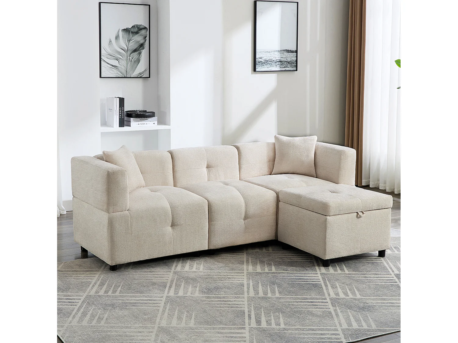 Ecksofa 3-Sitzer - mit Stauraum - abnehmbarer Fußhocker - 2 Kissen - beige