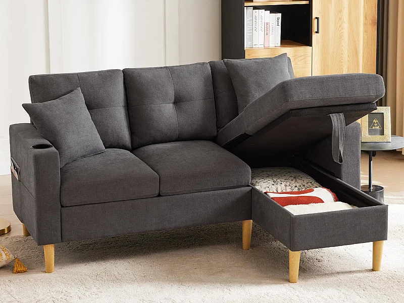 Nowoczesna sofa 3-osobowa w kształcie litery L - z 2 uchwytami na kubki - 2 poduszki - z przechowywaniem - ciemnoszary