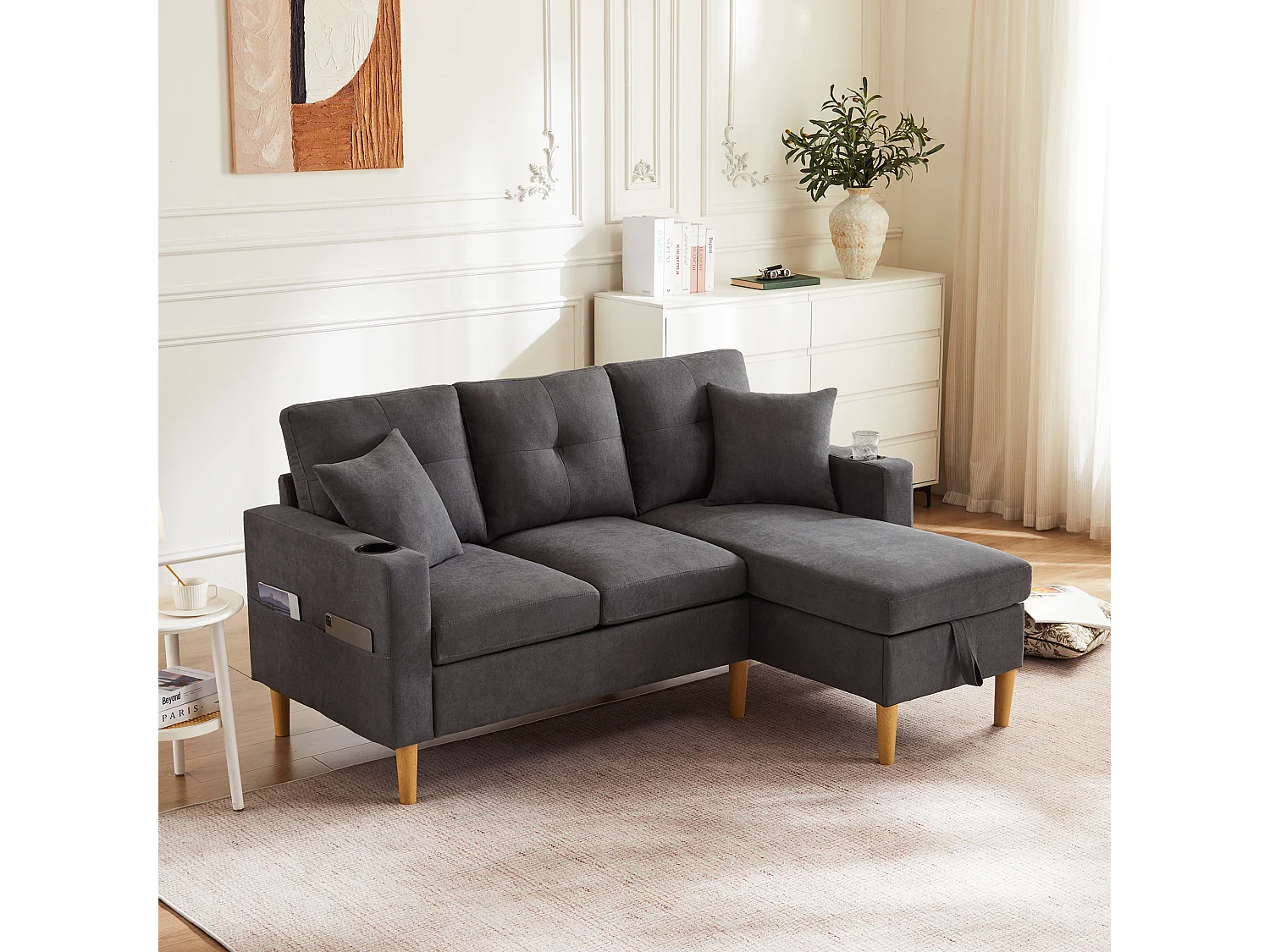 Nowoczesna sofa 3-osobowa w kształcie litery L - z 2 uchwytami na kubki - 2 poduszki - z przechowywaniem - ciemnoszary