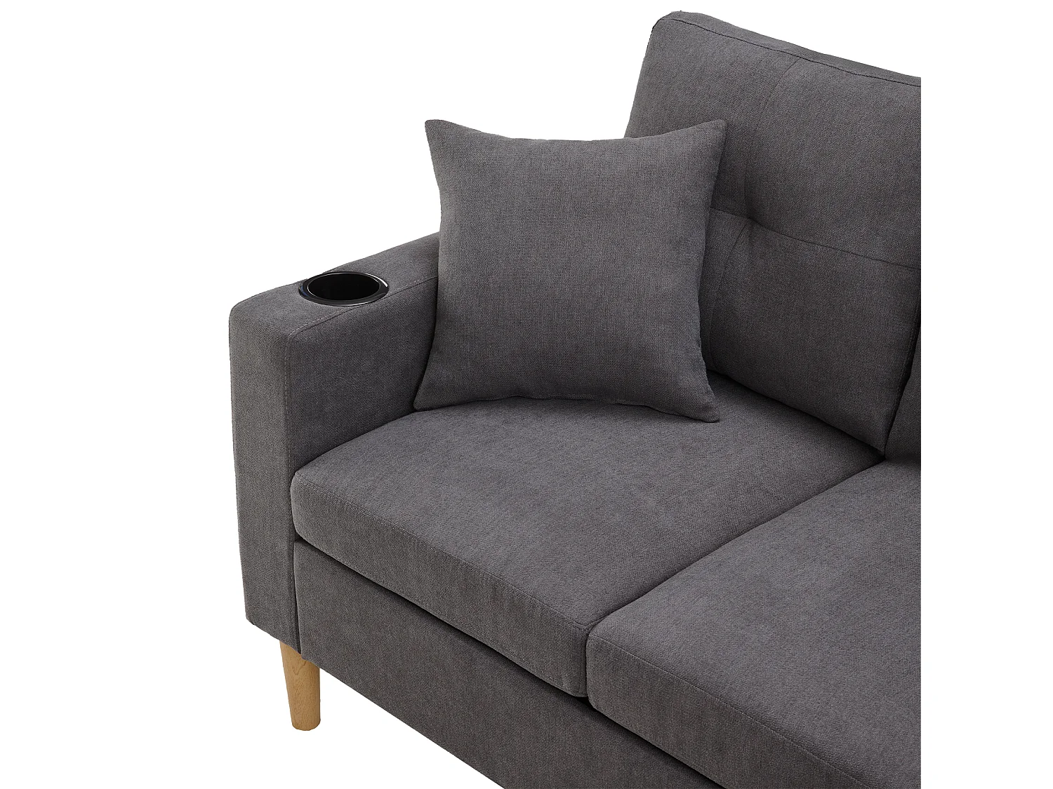 Nowoczesna sofa 3-osobowa w kształcie litery L - z 2 uchwytami na kubki - 2 poduszki - z przechowywaniem - ciemnoszary