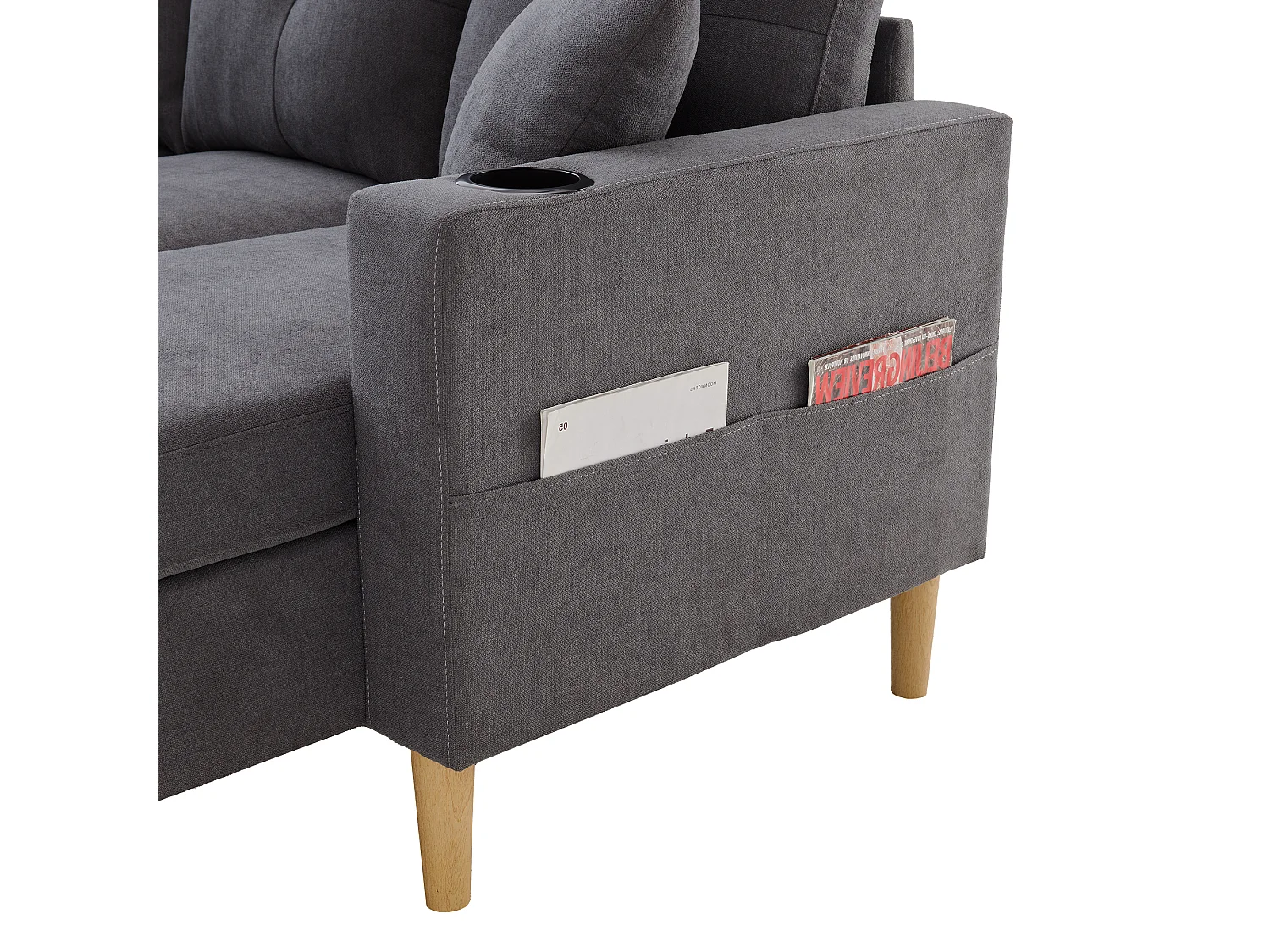 Nowoczesna sofa 3-osobowa w kształcie litery L - z 2 uchwytami na kubki - 2 poduszki - z przechowywaniem - ciemnoszary