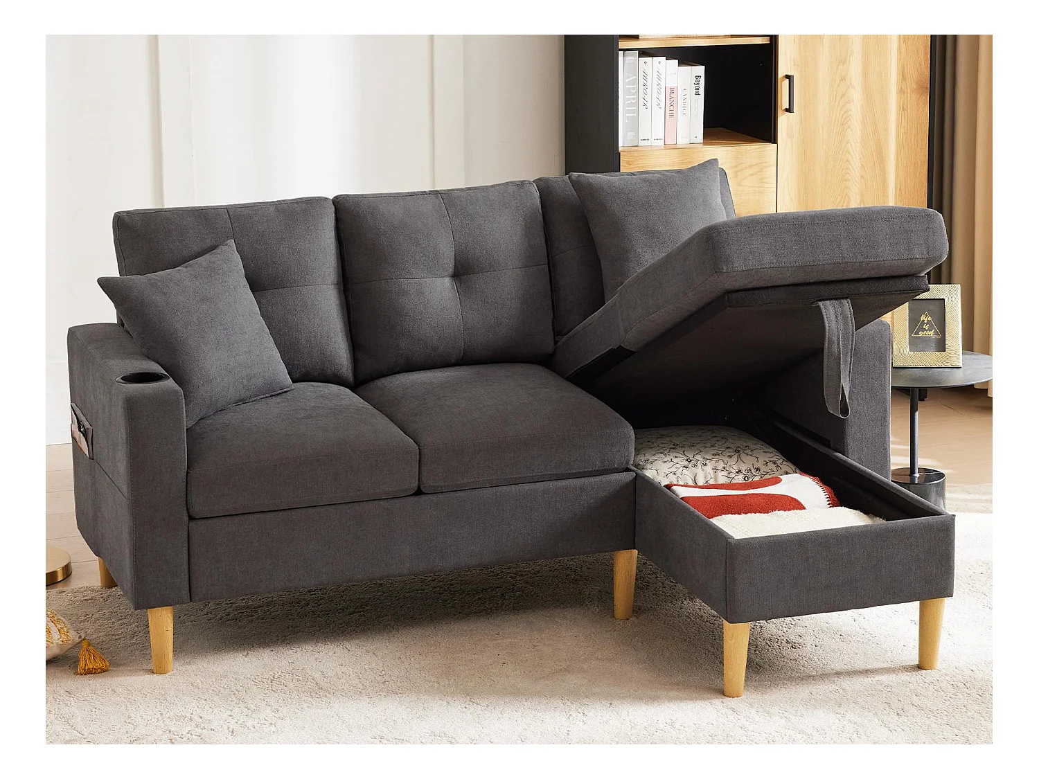 Canapé 3 places moderne en L - avec 2 porte-gobelets - 2 coussins - avec rangement - gris foncé