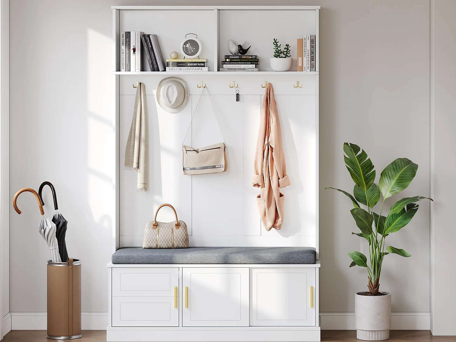 Vestiaire d'entrée moderne - avec 6 crochets et 3 portes - avec banc et étagères ouvertes - Blanc
