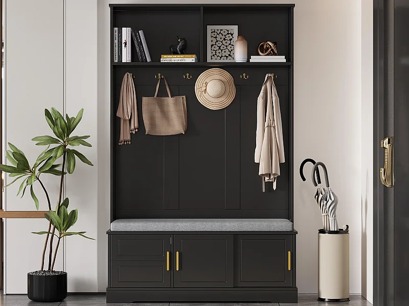 Vestíbulo moderno - con 6 ganchos y 3 puertas - con banco y estantes abiertos - Negro