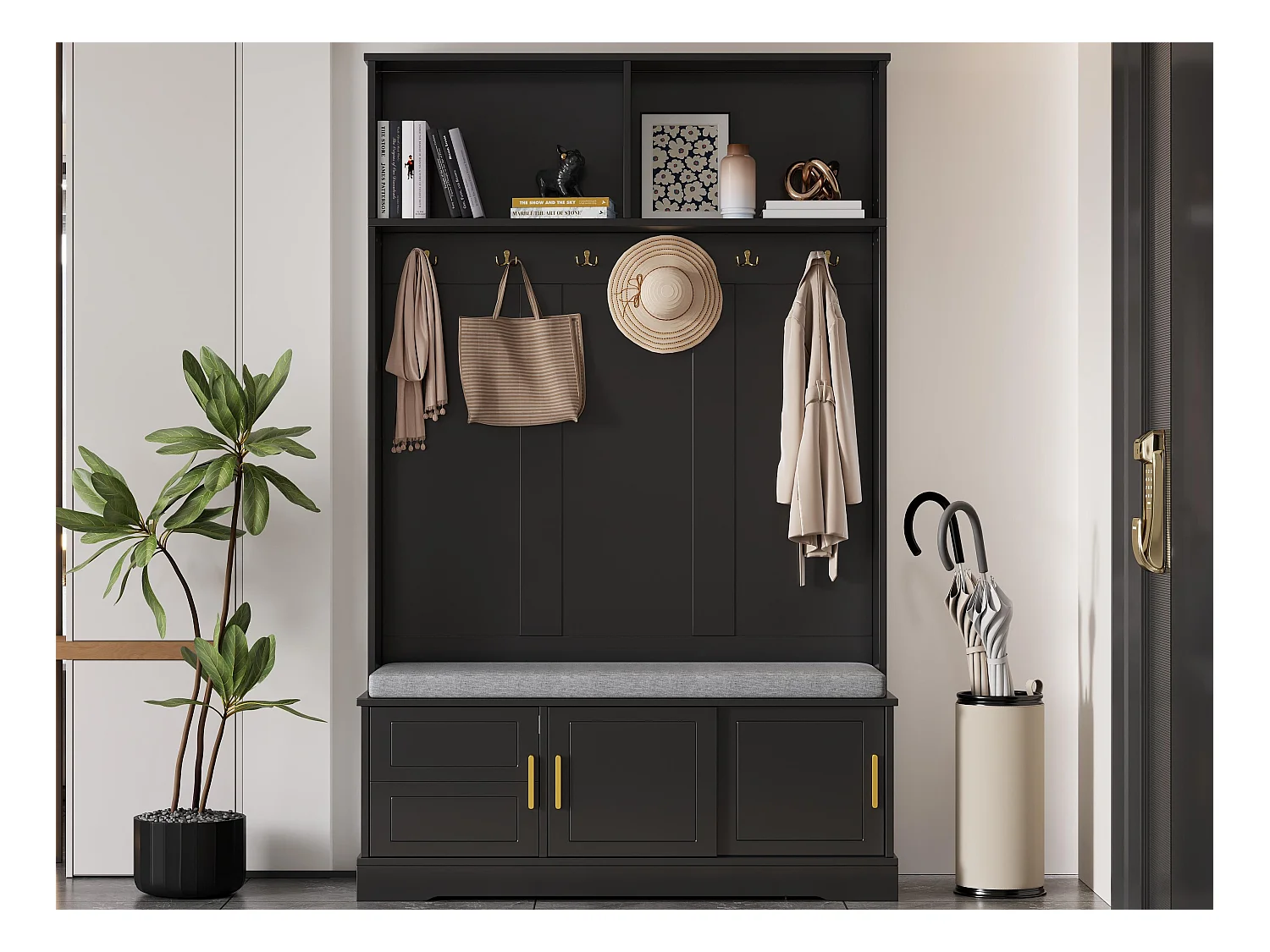Vestiaire d'entrée moderne - avec 6 crochets et 3 portes - avec banc et étagères ouvertes - Noir