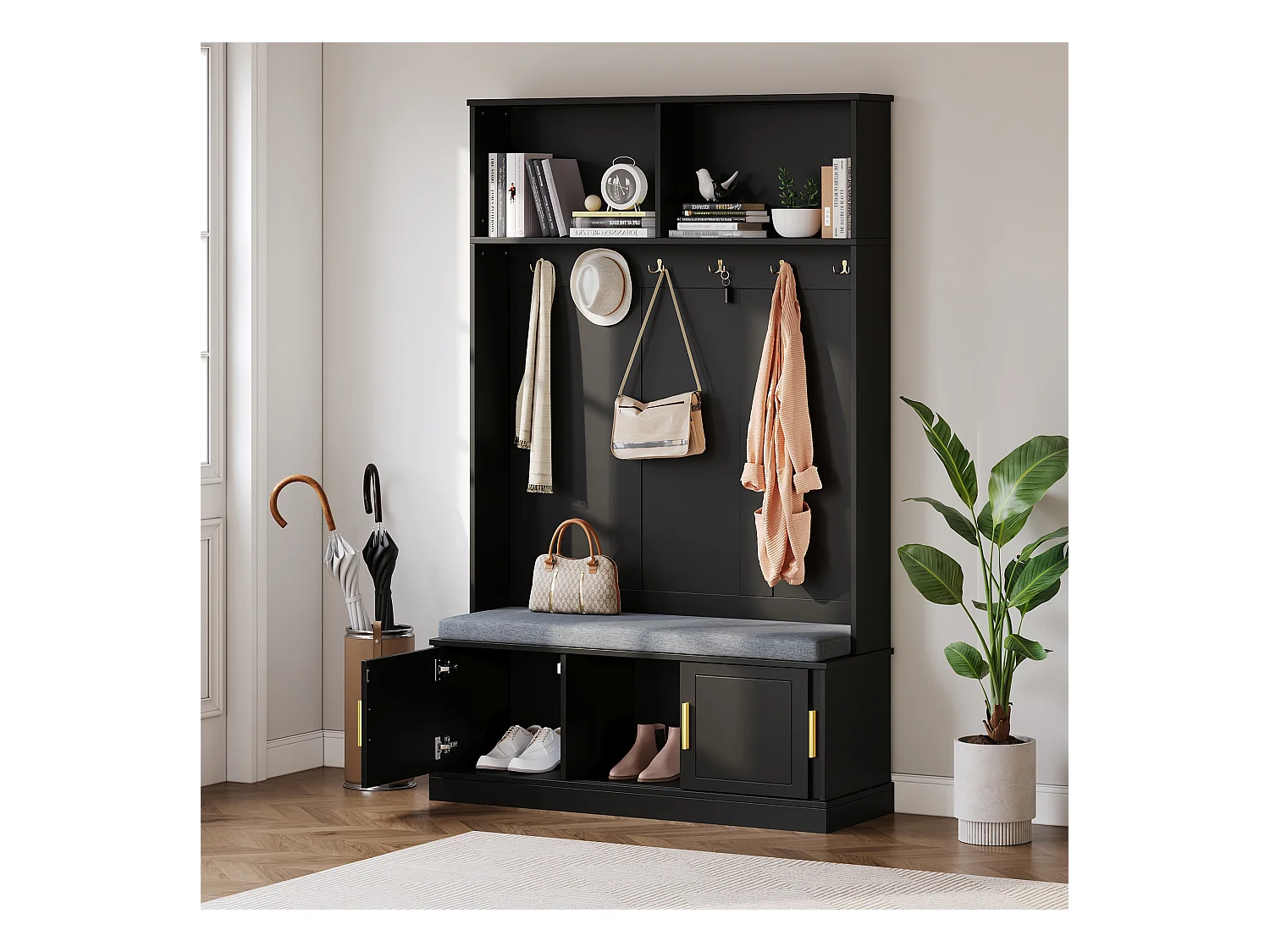 Vestiaire d'entrée moderne - avec 6 crochets et 3 portes - avec banc et étagères ouvertes - Noir