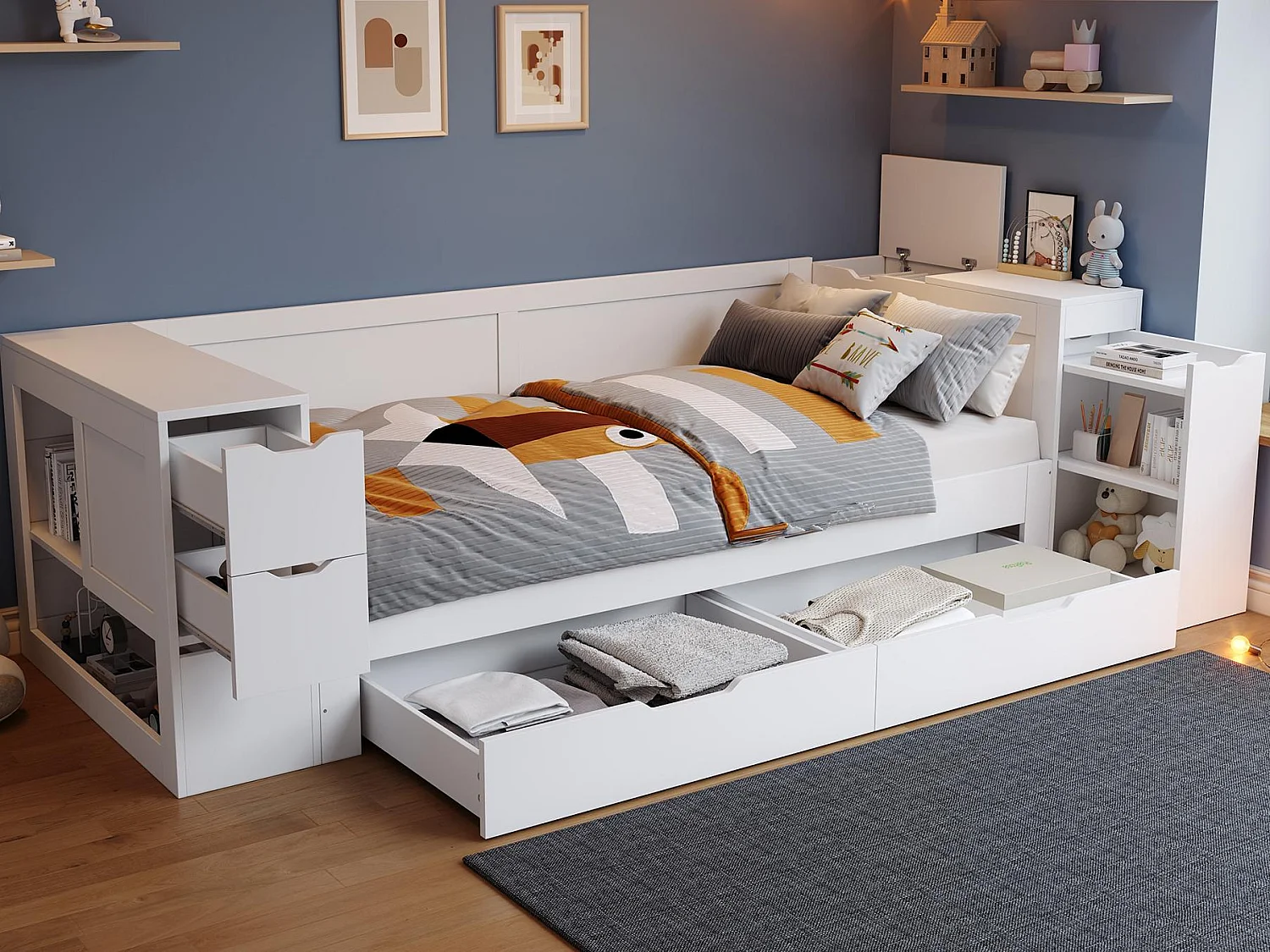 Canapé-lit enfant 90x200cm - avec tiroirs, étagères et espace de rangement - avec table de chevet - Blanc (sans matelas)