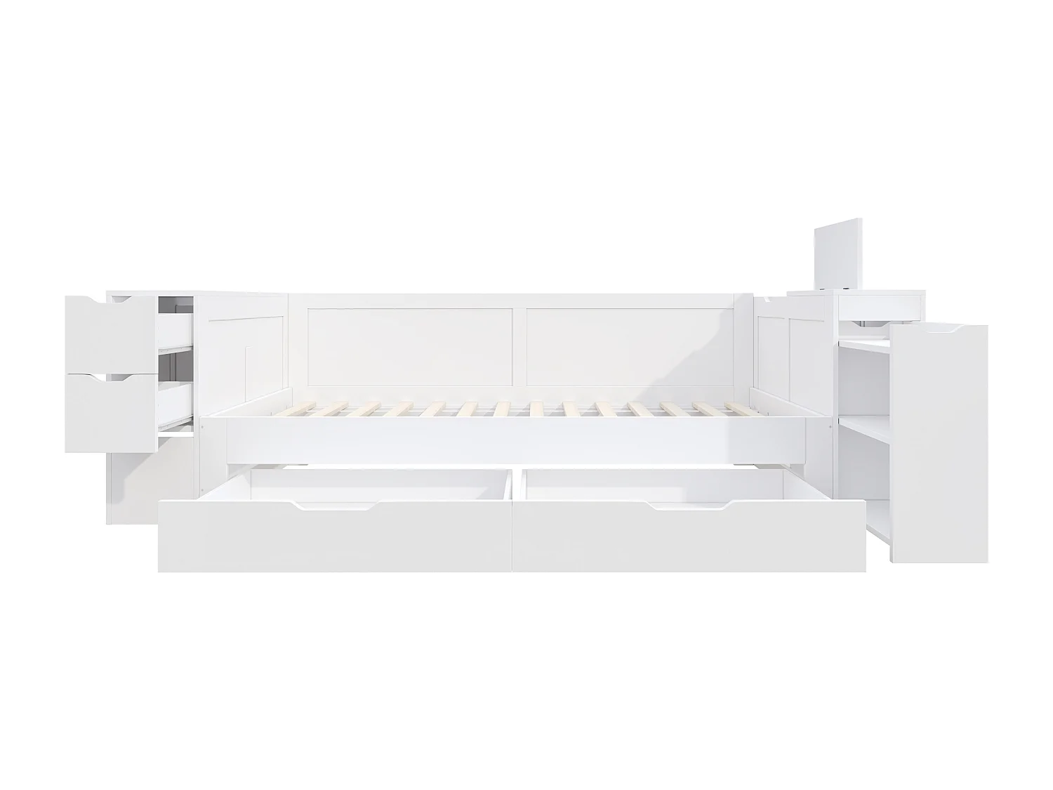 Canapé-lit enfant 90x200cm - avec tiroirs, étagères et espace de rangement - avec table de chevet - Blanc (sans matelas)