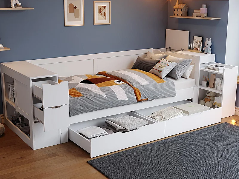 Canapé-lit enfant 90x200cm - avec tiroirs, étagères et espace de rangement - avec table de chevet - Blanc (sans matelas)