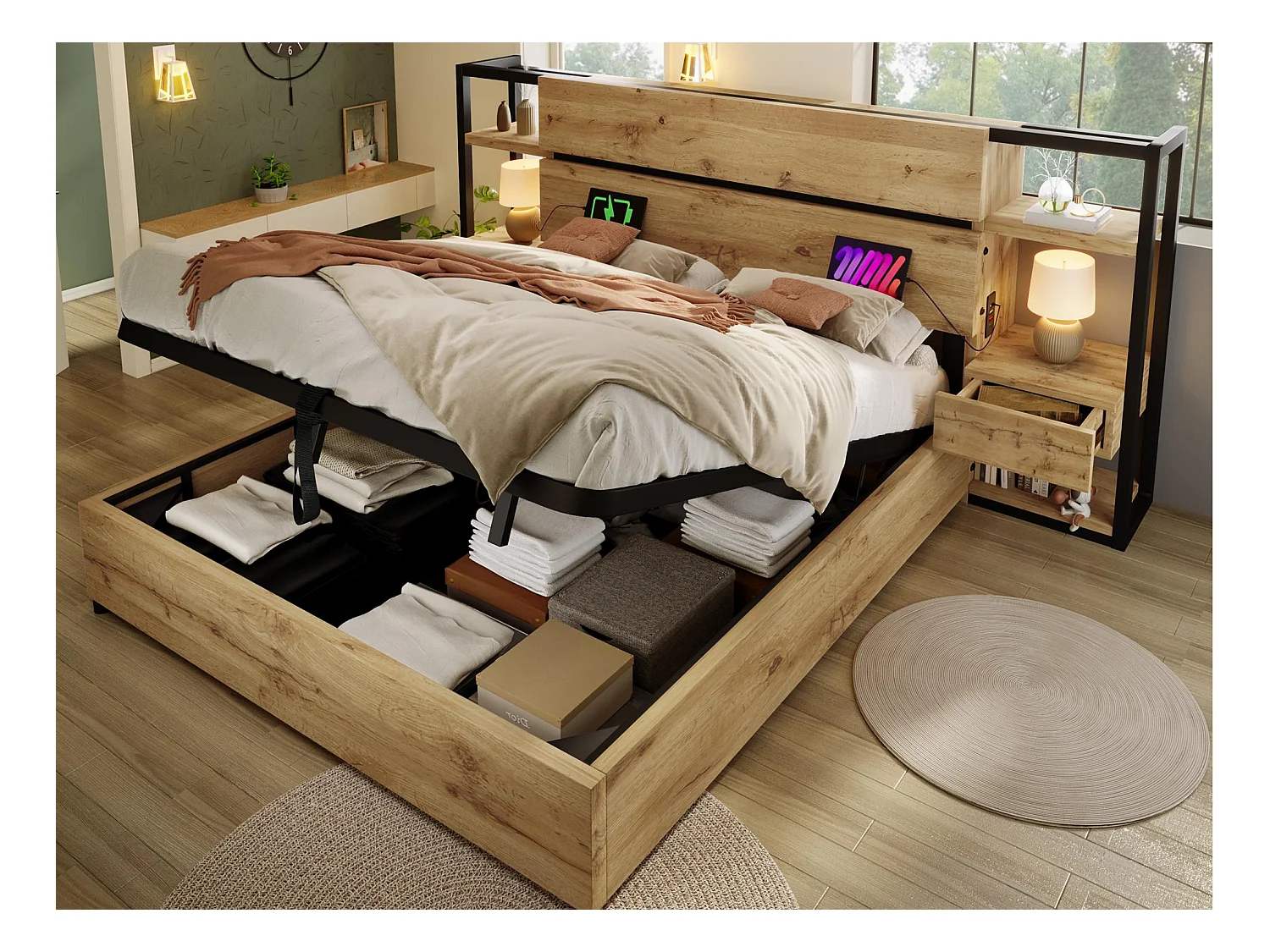 Cama de almacenamiento para adultos 160x200cm de madera - con puerto de carga USB y Tipo-C - con 2 cajones - con somier de lamas - Natural