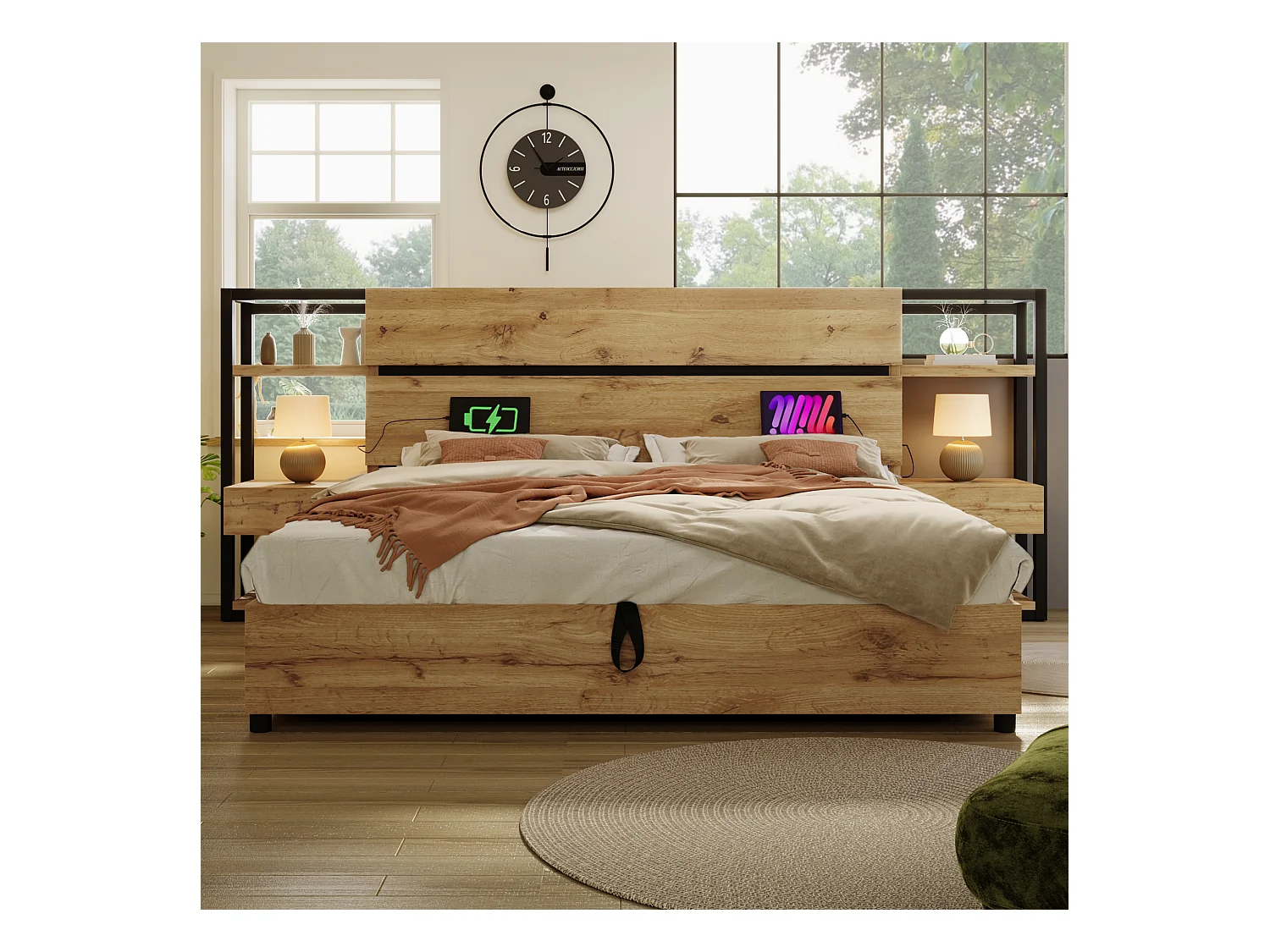 Cama de almacenamiento para adultos 160x200cm de madera - con puerto de carga USB y Tipo-C - con 2 cajones - con somier de lamas - Natural