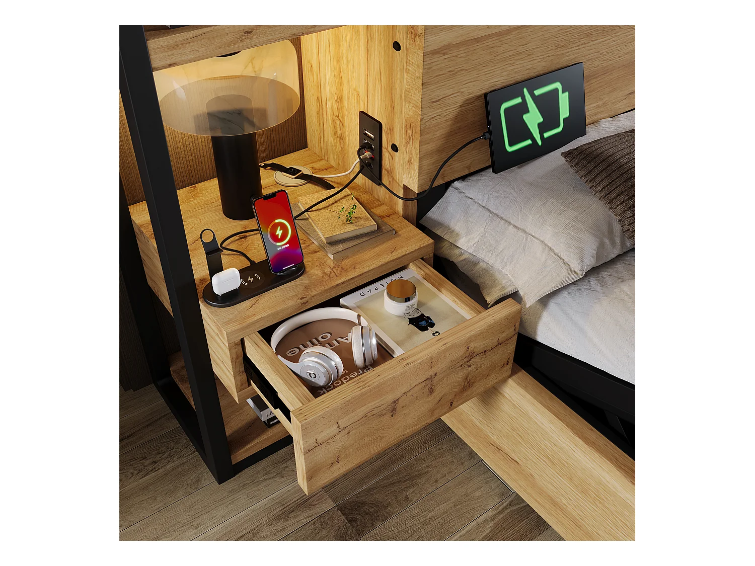 Cama de almacenamiento para adultos 160x200cm de madera - con puerto de carga USB y Tipo-C - con 2 cajones - con somier de lamas - Natural