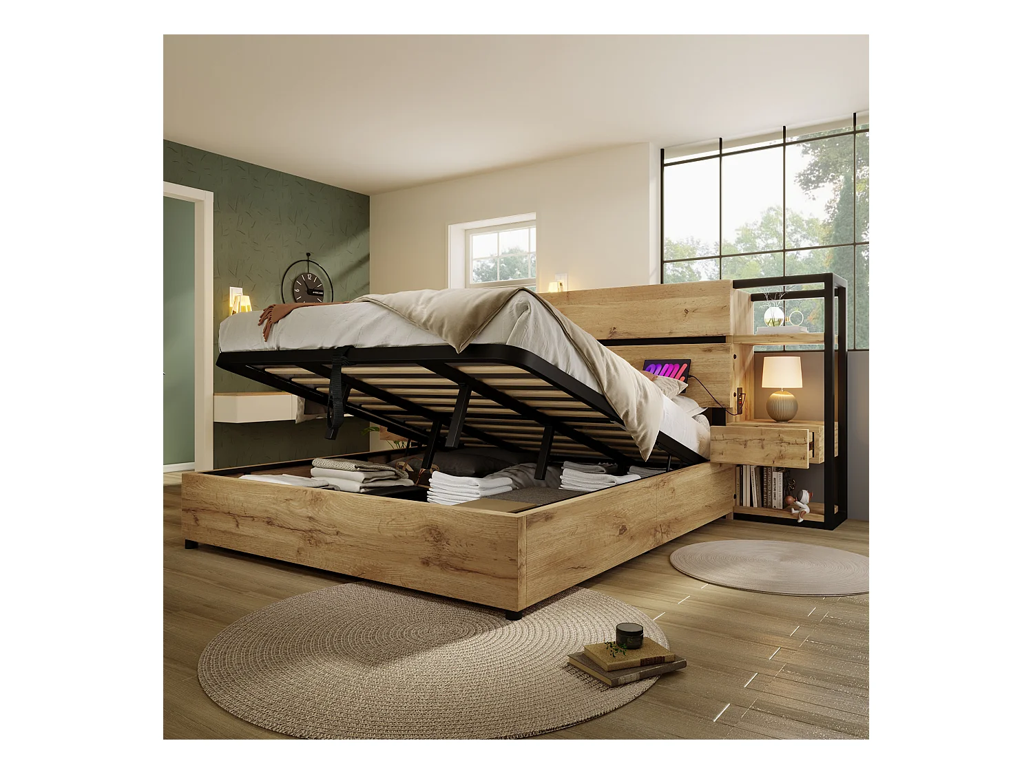 Cama de almacenamiento para adultos 160x200cm de madera - con puerto de carga USB y Tipo-C - con 2 cajones - con somier de lamas - Natural