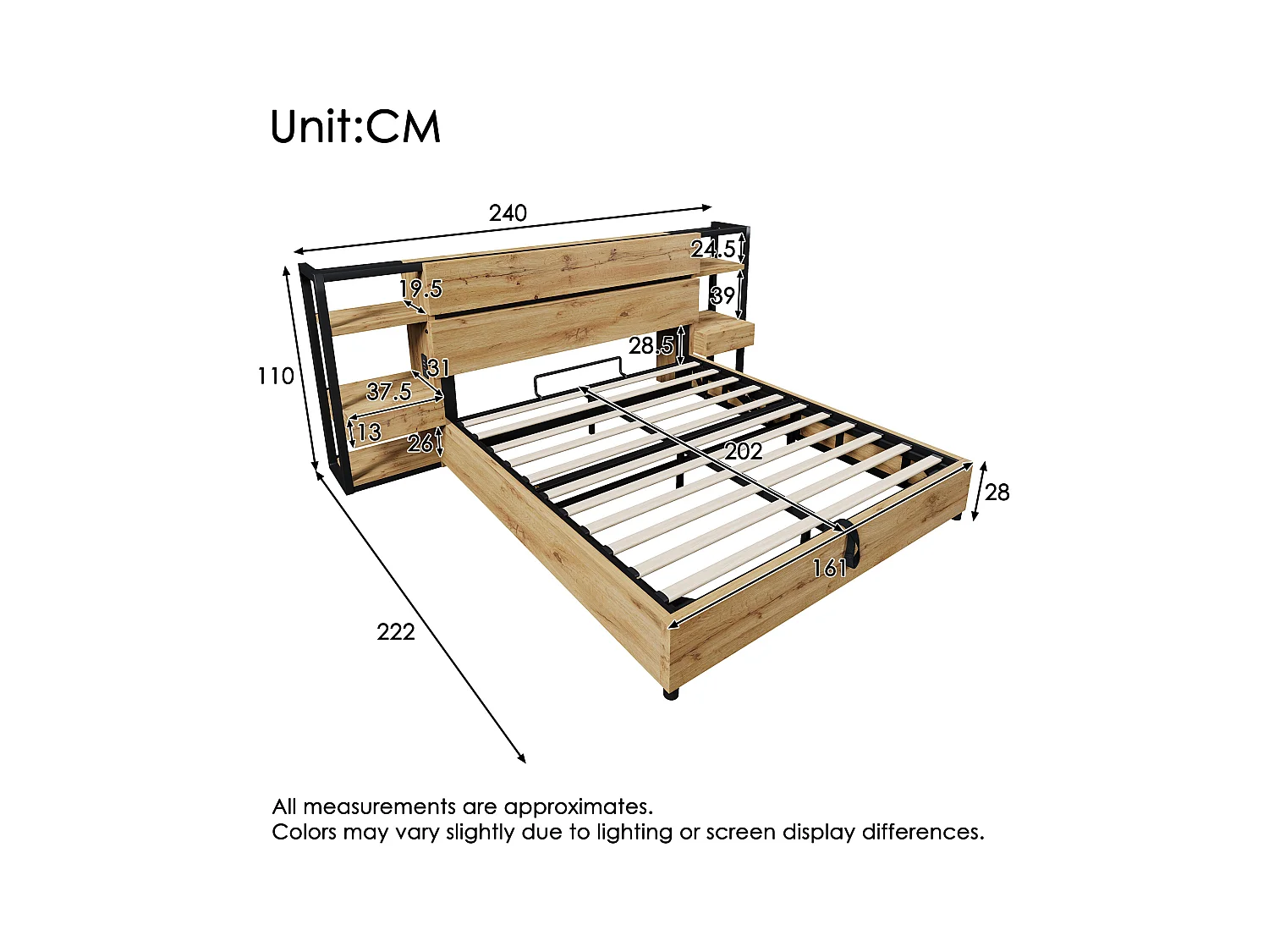 Cama de almacenamiento para adultos 160x200cm de madera - con puerto de carga USB y Tipo-C - con 2 cajones - con somier de lamas - Natural