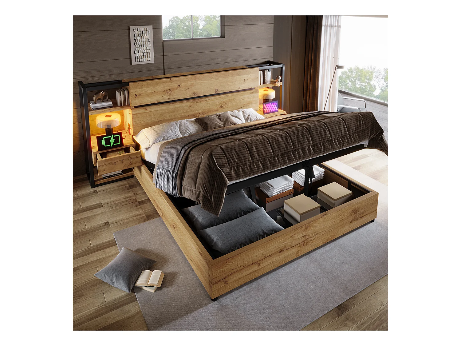 Cama de almacenamiento para adultos 160x200cm de madera - con puerto de carga USB y Tipo-C - con 2 cajones - con somier de lamas - Natural