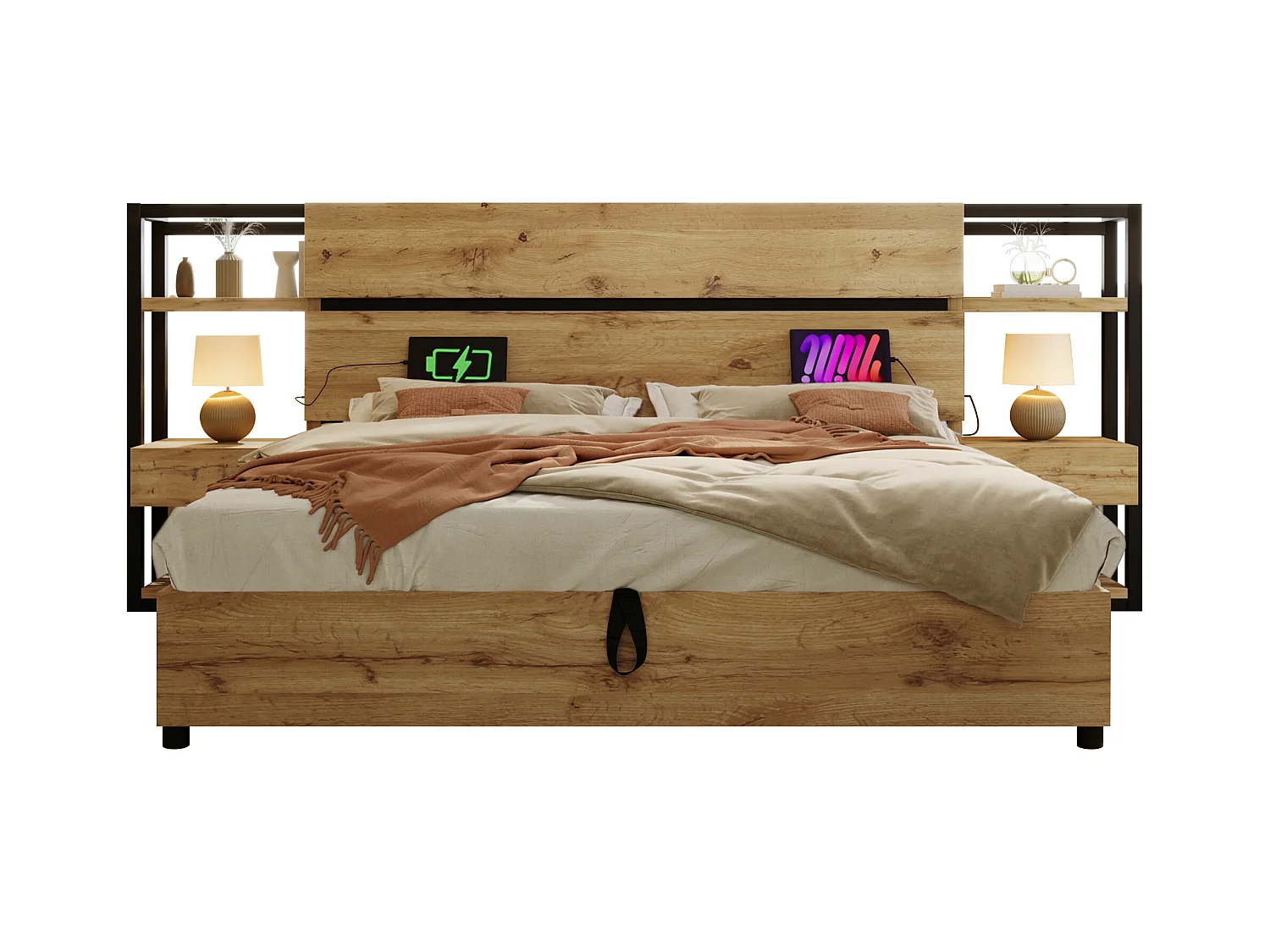 Cama de almacenamiento para adultos 160x200cm de madera - con puerto de carga USB y Tipo-C - con 2 cajones - con somier de lamas - Natural
