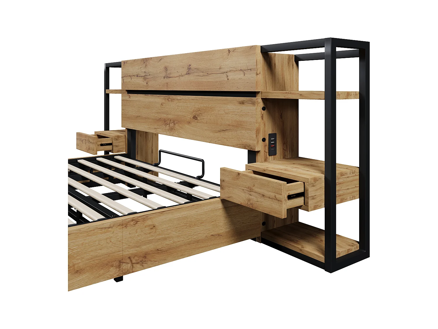 Cama de almacenamiento para adultos 160x200cm de madera - con puerto de carga USB y Tipo-C - con 2 cajones - con somier de lamas - Natural