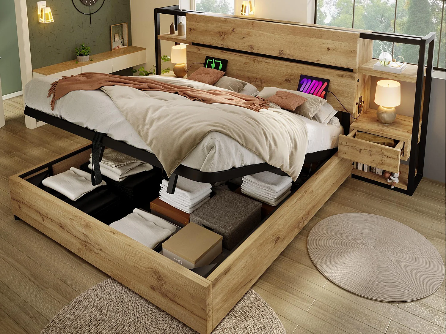 Stauraumbett für Erwachsene 160x200cm aus Holz - mit USB- und Typ-C-Ladeanschluss - mit 2 Schubladen - mit Lattenrost - Natur