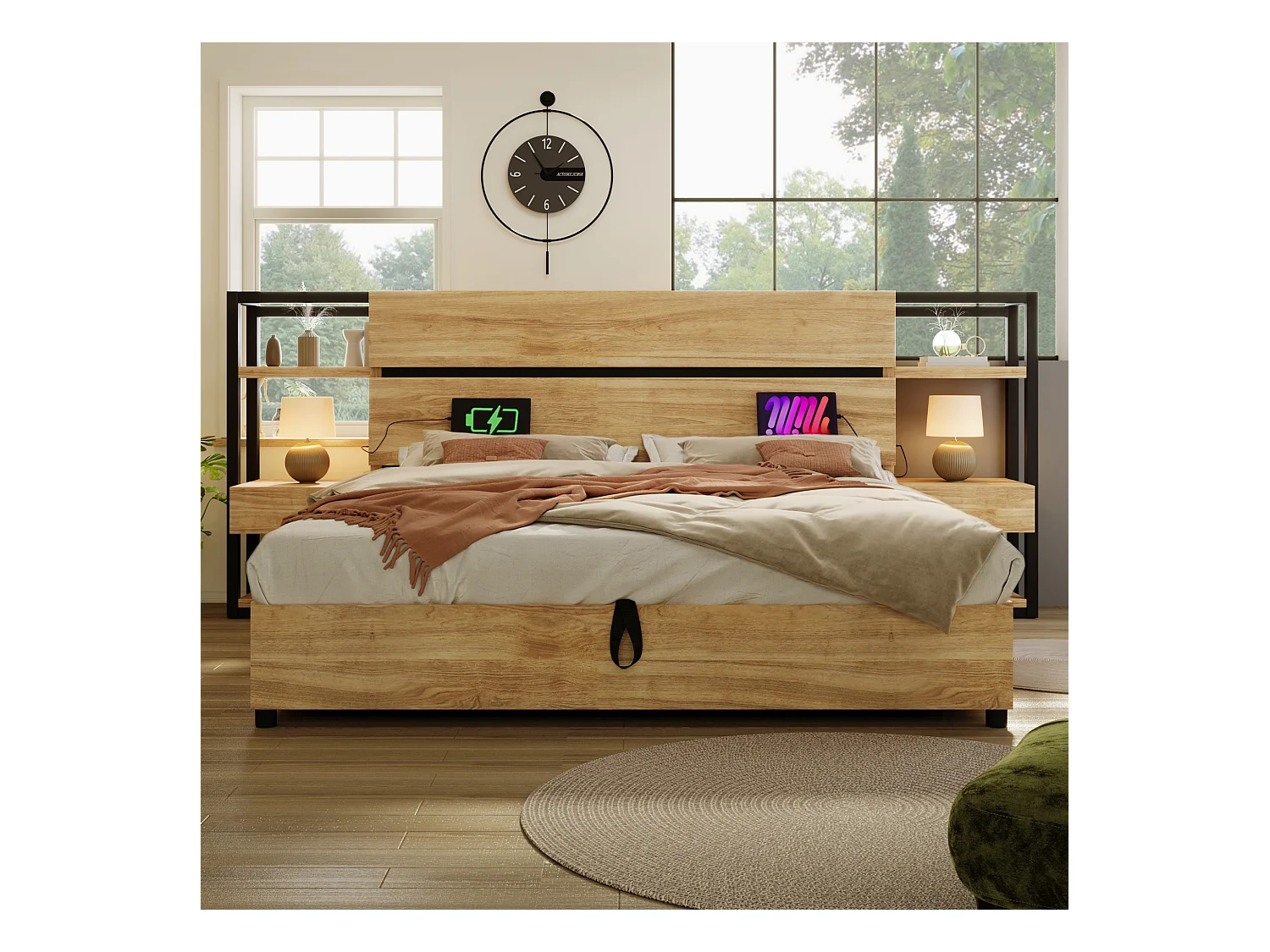 Lit coffre adulte 180x200cm en bois - avec port de chargement USB et Type-C - avec 2 tiroirs - avec sommier à lattes - Naturel
