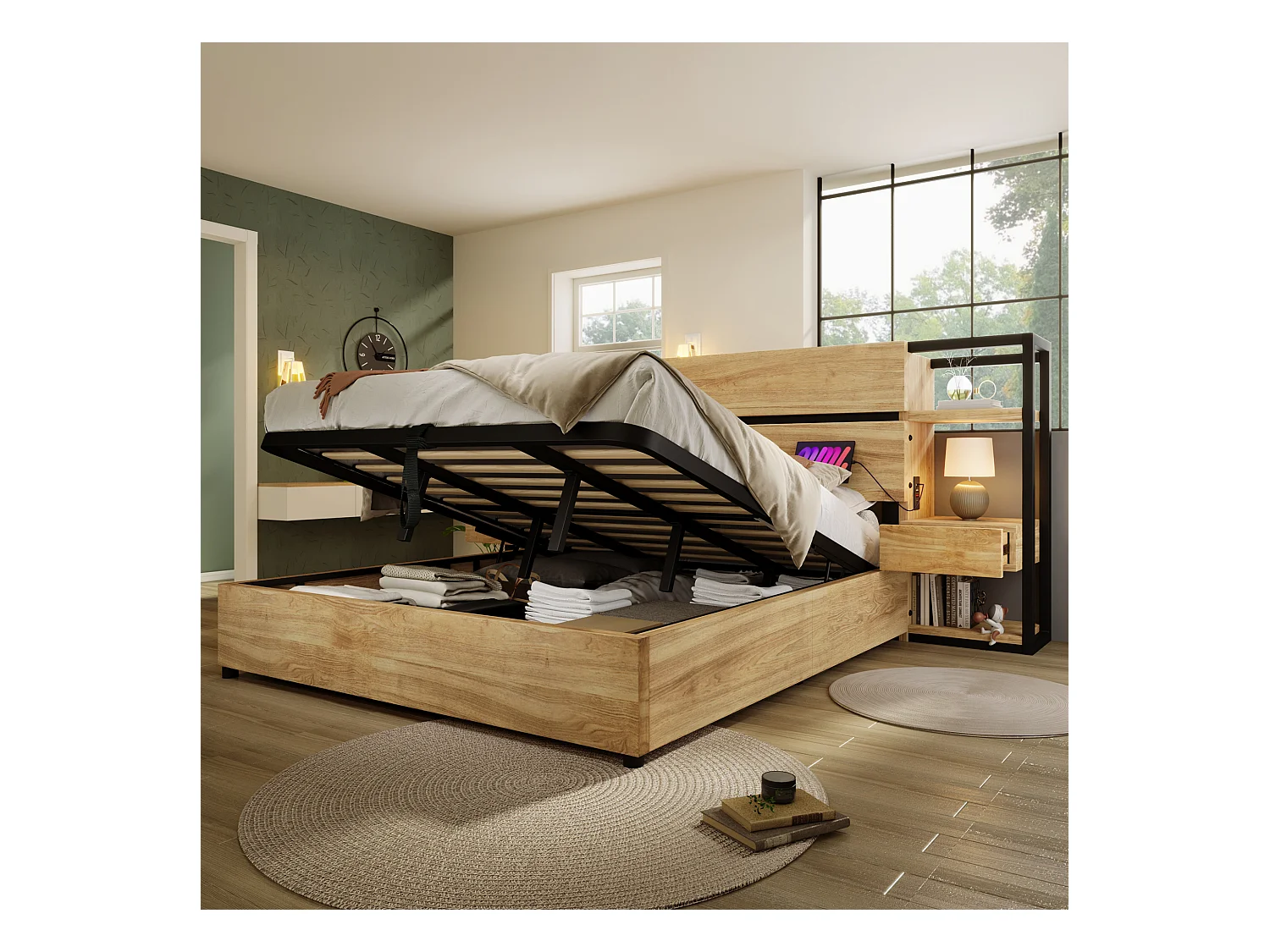 Lit coffre adulte 180x200cm en bois - avec port de chargement USB et Type-C - avec 2 tiroirs - avec sommier à lattes - Naturel