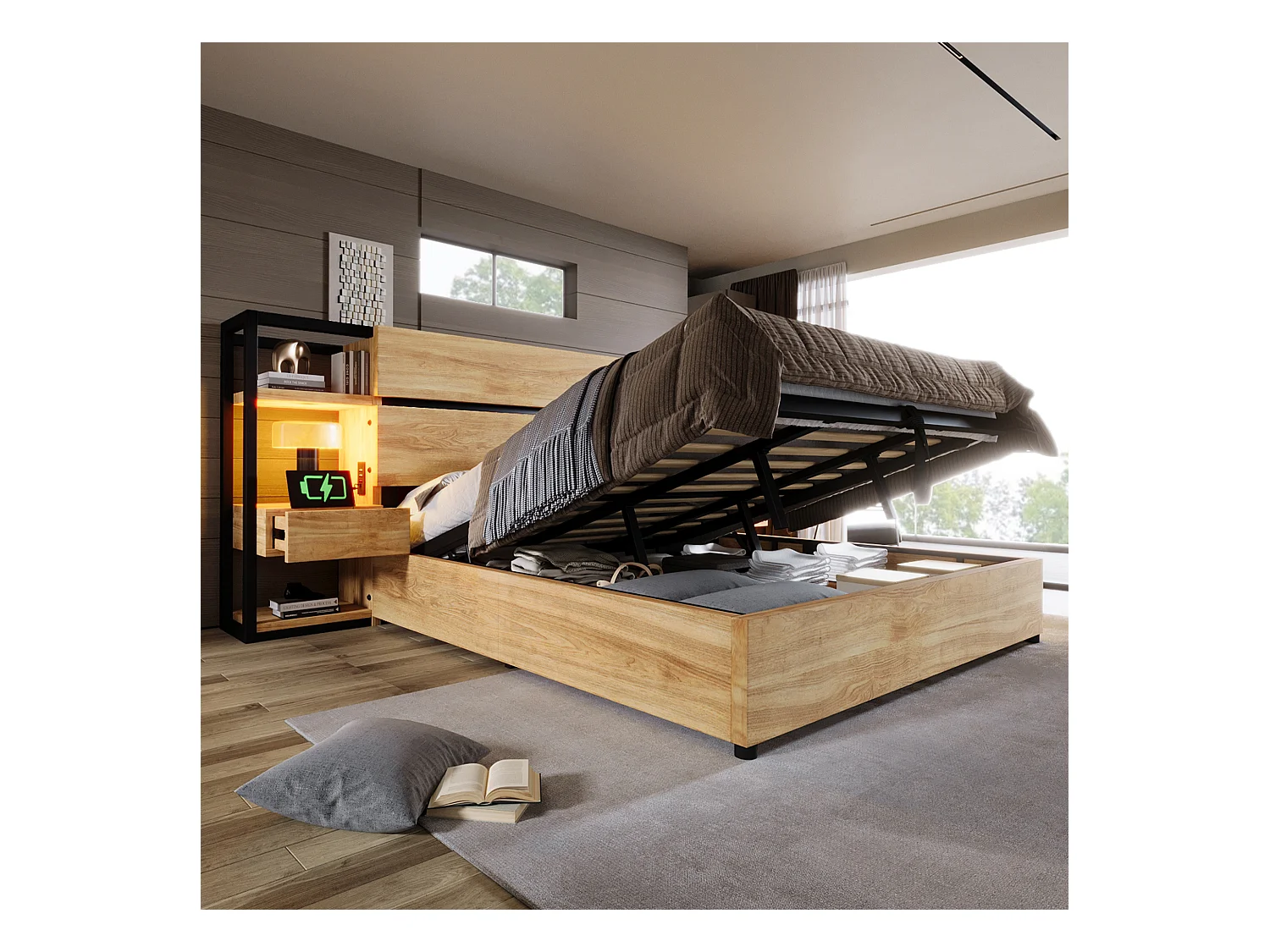 Lit coffre adulte 180x200cm en bois - avec port de chargement USB et Type-C - avec 2 tiroirs - avec sommier à lattes - Naturel