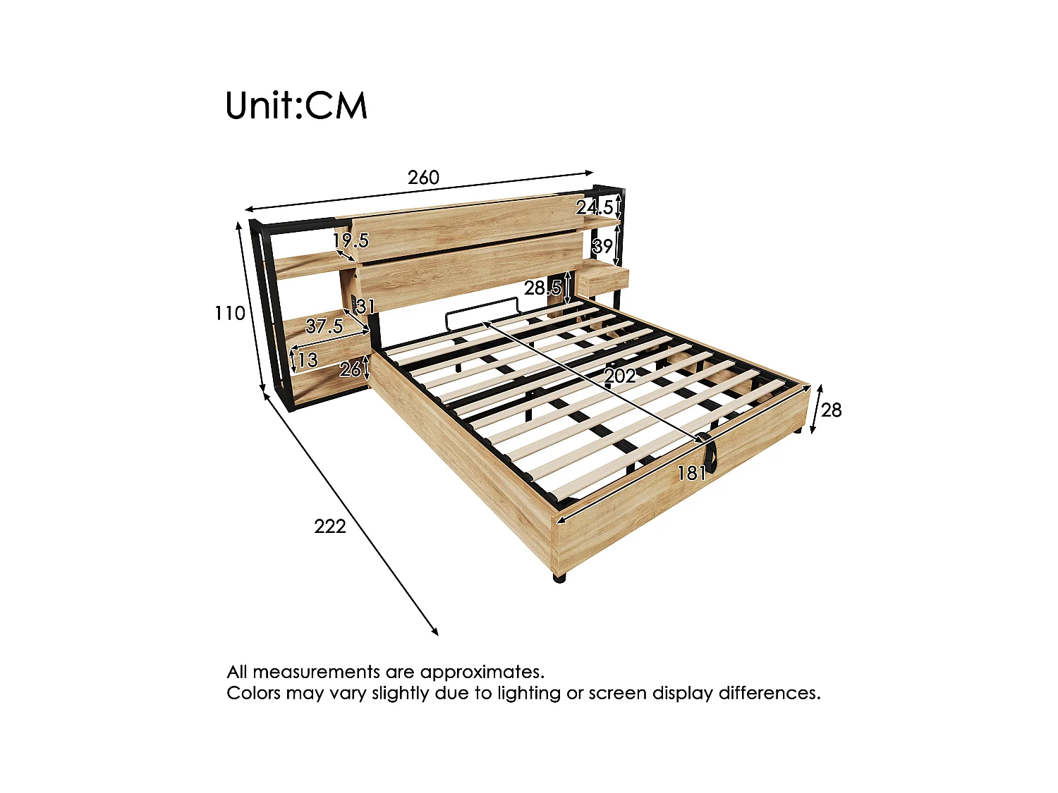 Lit coffre adulte 180x200cm en bois - avec port de chargement USB et Type-C - avec 2 tiroirs - avec sommier à lattes - Naturel