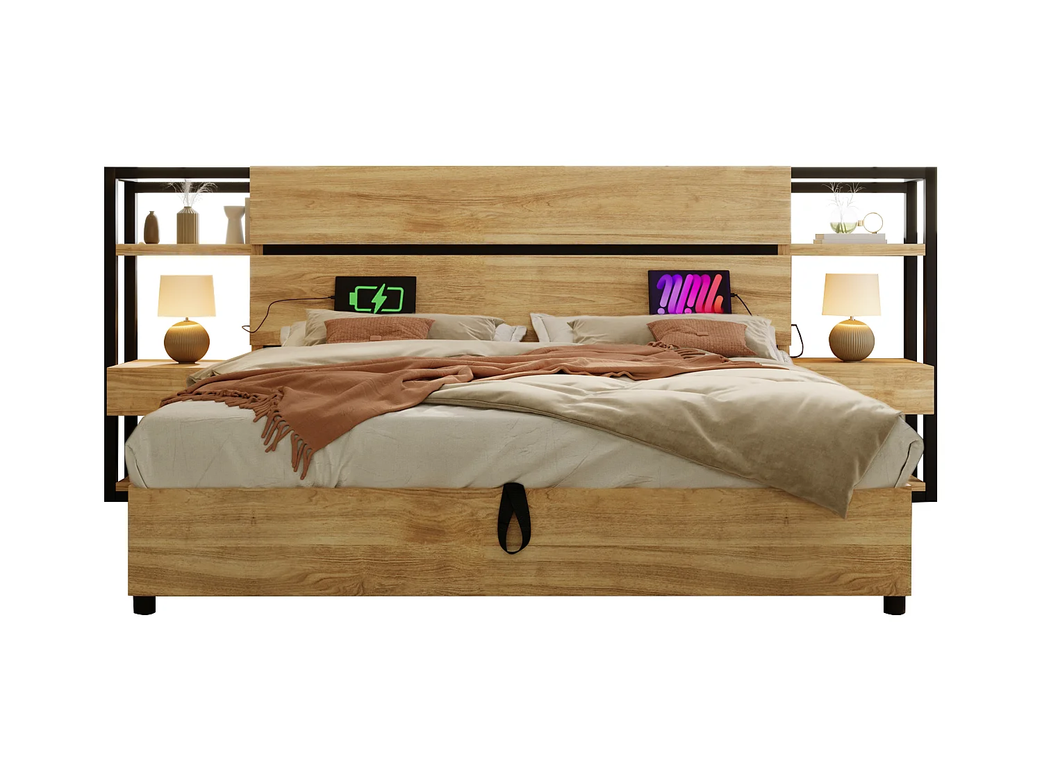 Lit coffre adulte 180x200cm en bois - avec port de chargement USB et Type-C - avec 2 tiroirs - avec sommier à lattes - Naturel