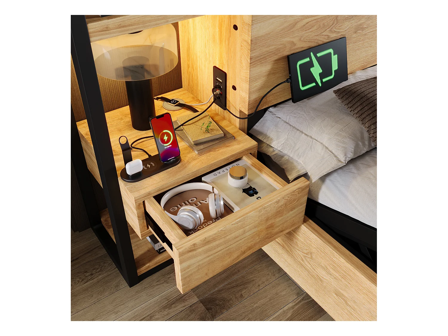 Lit coffre adulte 180x200cm en bois - avec port de chargement USB et Type-C - avec 2 tiroirs - avec sommier à lattes - Naturel