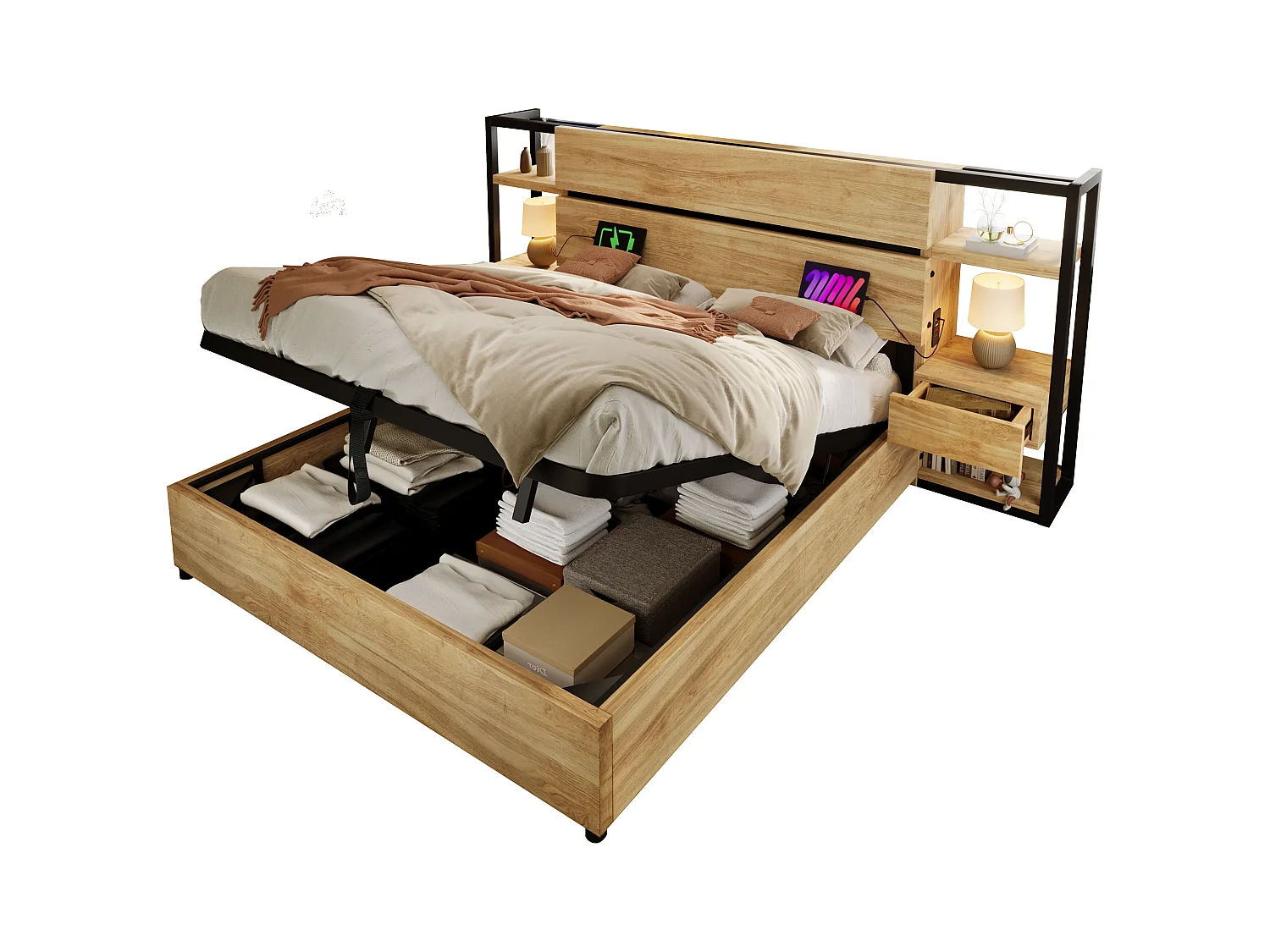 Lit coffre adulte 180x200cm en bois - avec port de chargement USB et Type-C - avec 2 tiroirs - avec sommier à lattes - Naturel