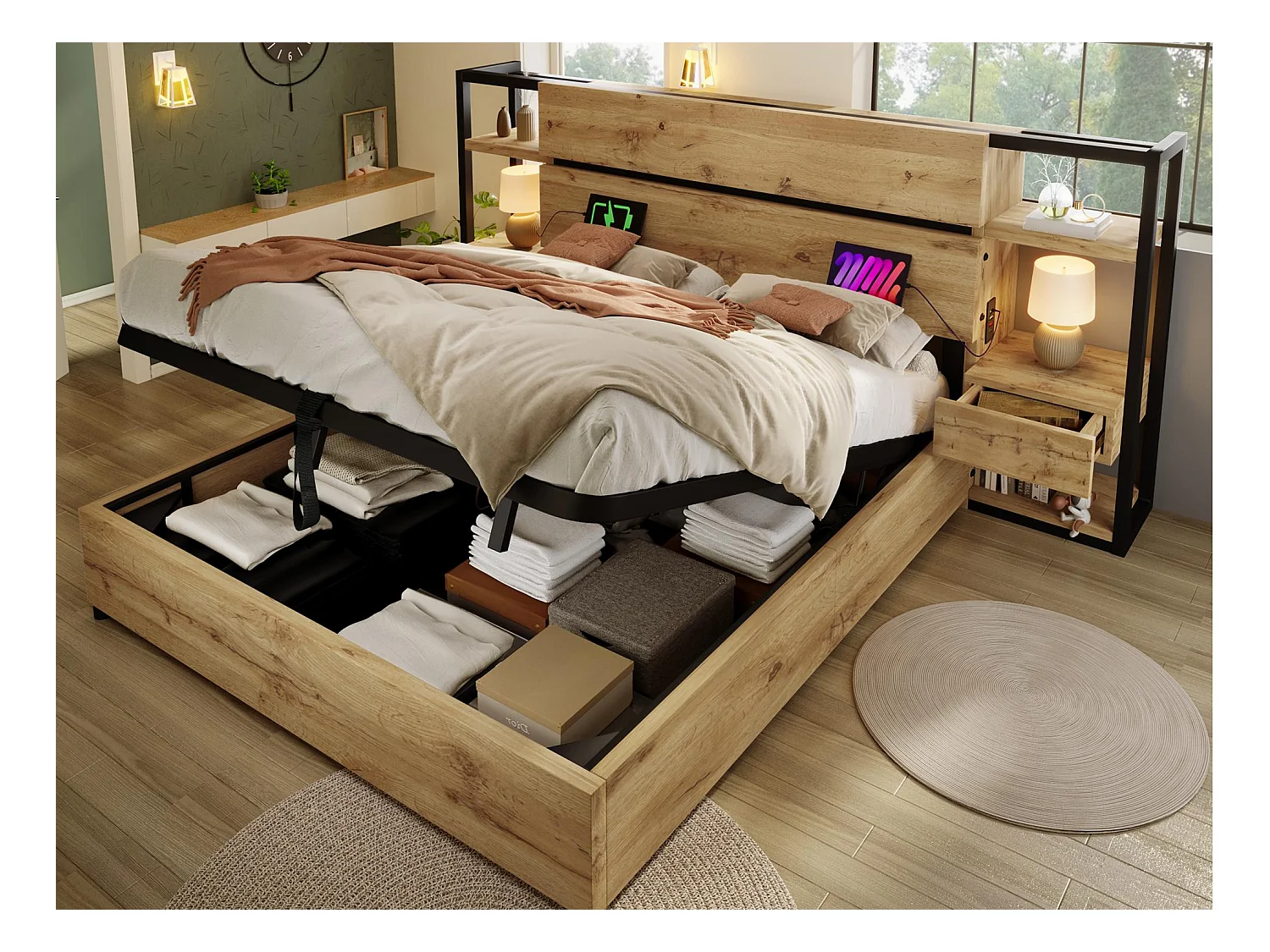 Lit coffre adulte 180x200cm en bois - avec port de chargement USB et Type-C - avec 2 tiroirs - avec sommier à lattes - Naturel