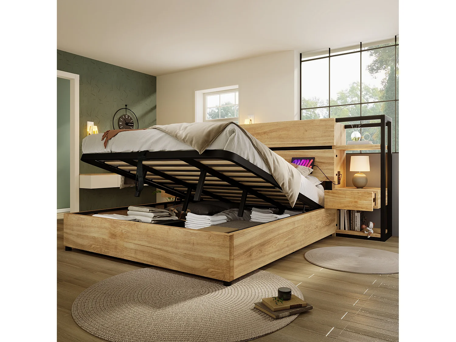 Stauraumbett für Erwachsene 180x200cm aus Holz - mit USB- und Typ-C-Ladeanschluss - mit 2 Schubladen - mit Lattenrost - Natur