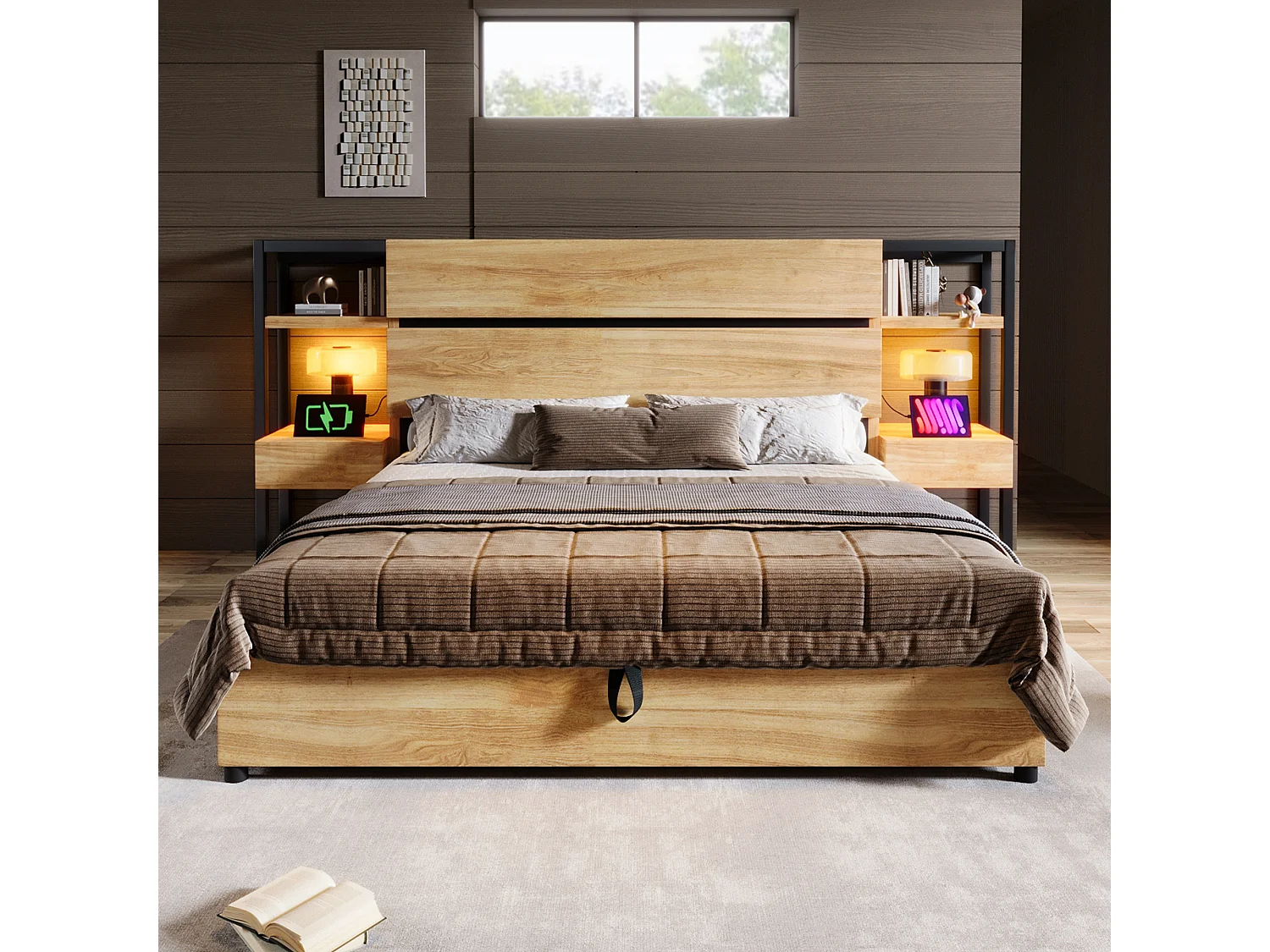 Stauraumbett für Erwachsene 180x200cm aus Holz - mit USB- und Typ-C-Ladeanschluss - mit 2 Schubladen - mit Lattenrost - Natur