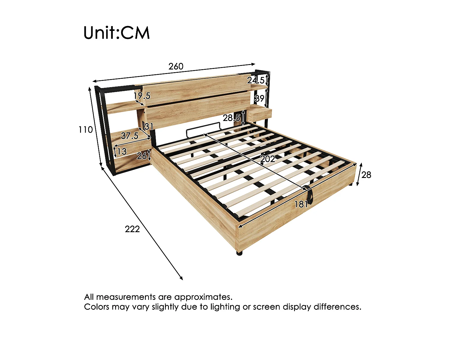 Stauraumbett für Erwachsene 180x200cm aus Holz - mit USB- und Typ-C-Ladeanschluss - mit 2 Schubladen - mit Lattenrost - Natur