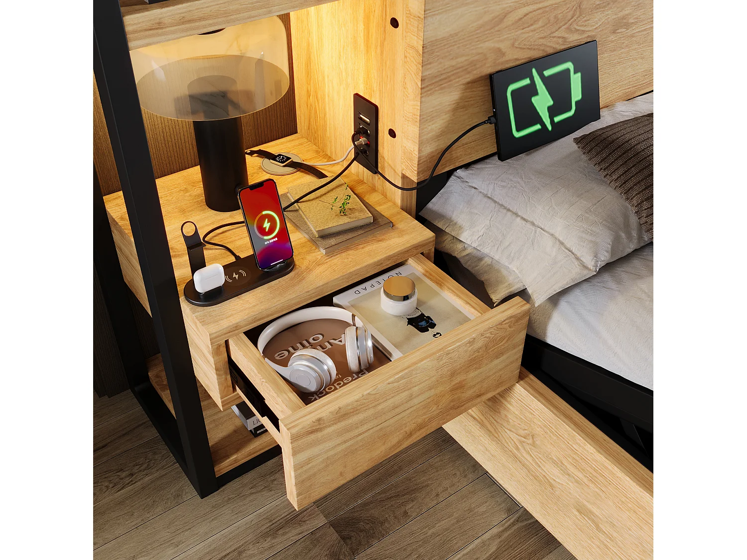 Stauraumbett für Erwachsene 180x200cm aus Holz - mit USB- und Typ-C-Ladeanschluss - mit 2 Schubladen - mit Lattenrost - Natur