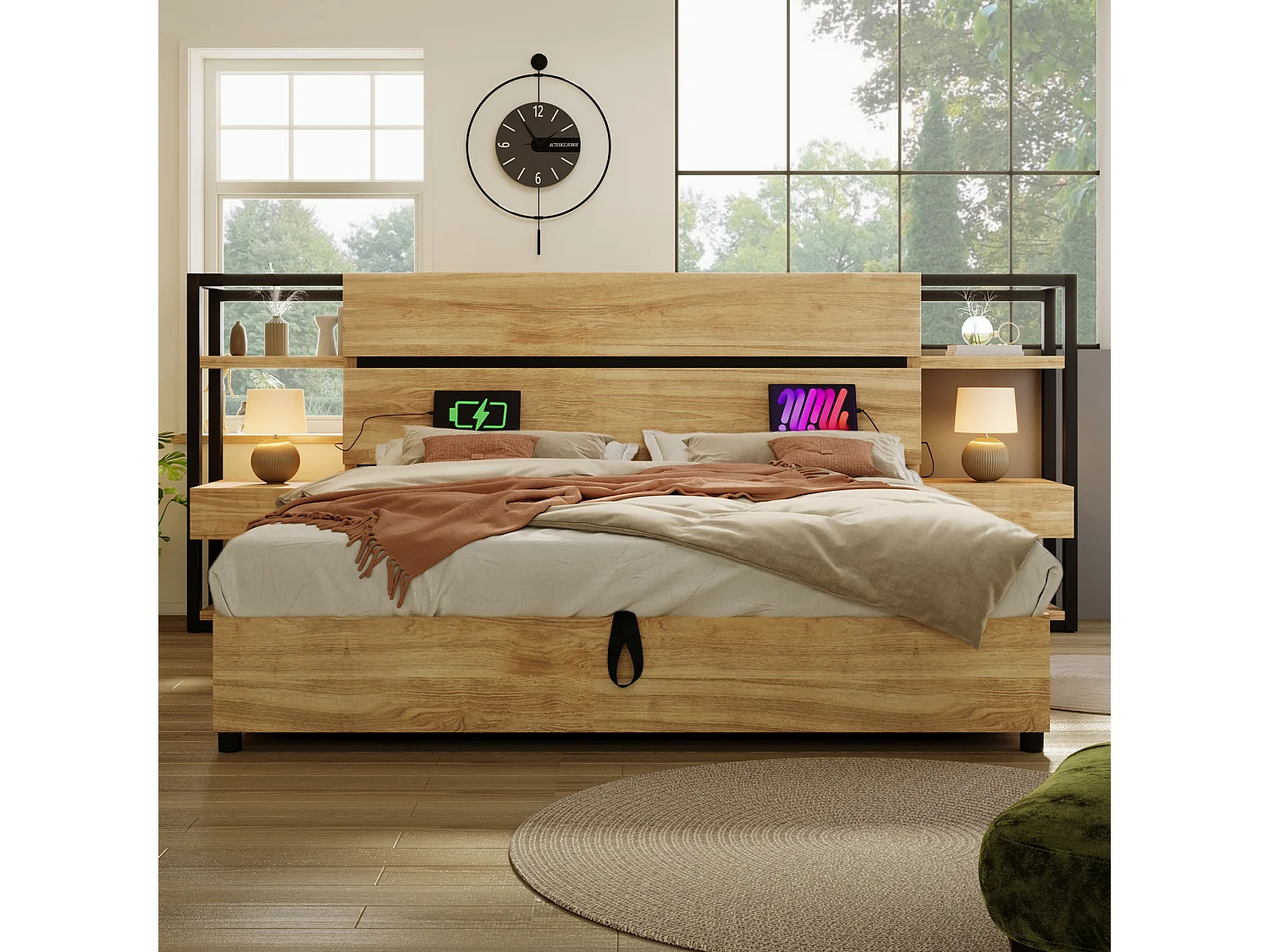 Lit coffre adulte 180x200cm en bois - avec port de chargement USB et Type-C - avec 2 tiroirs - avec sommier à lattes - Naturel