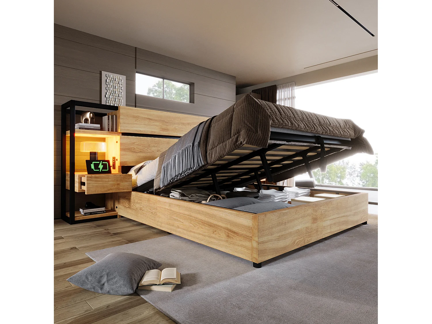 Lit coffre adulte 180x200cm en bois - avec port de chargement USB et Type-C - avec 2 tiroirs - avec sommier à lattes - Naturel