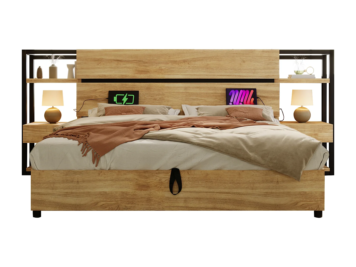 Lit coffre adulte 180x200cm en bois - avec port de chargement USB et Type-C - avec 2 tiroirs - avec sommier à lattes - Naturel