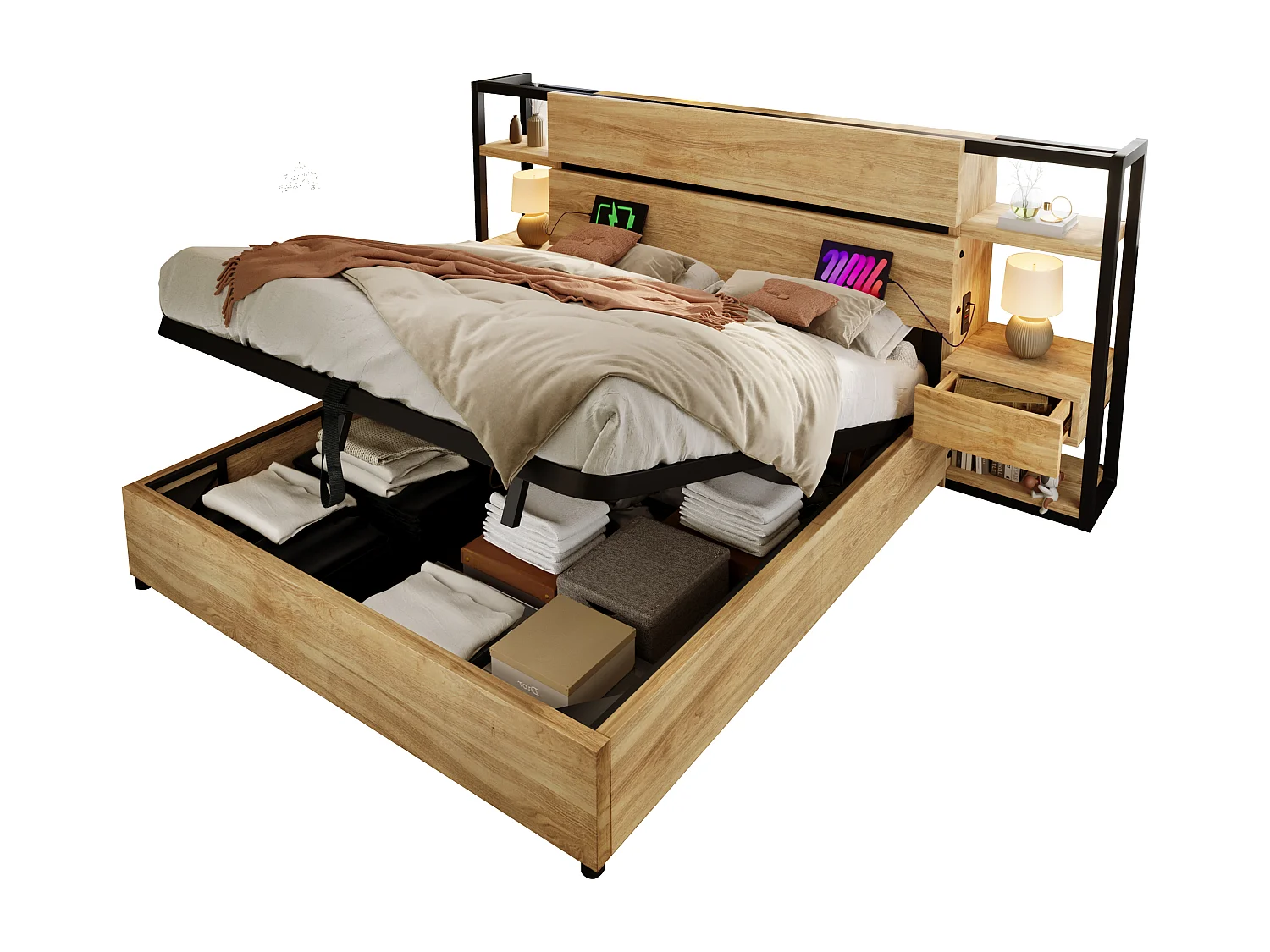 Lit coffre adulte 180x200cm en bois - avec port de chargement USB et Type-C - avec 2 tiroirs - avec sommier à lattes - Naturel