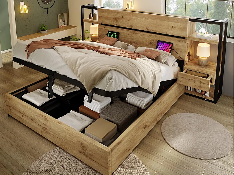 Lit coffre adulte 180x200cm en bois - avec port de chargement USB et Type-C - avec 2 tiroirs - avec sommier à lattes - Naturel