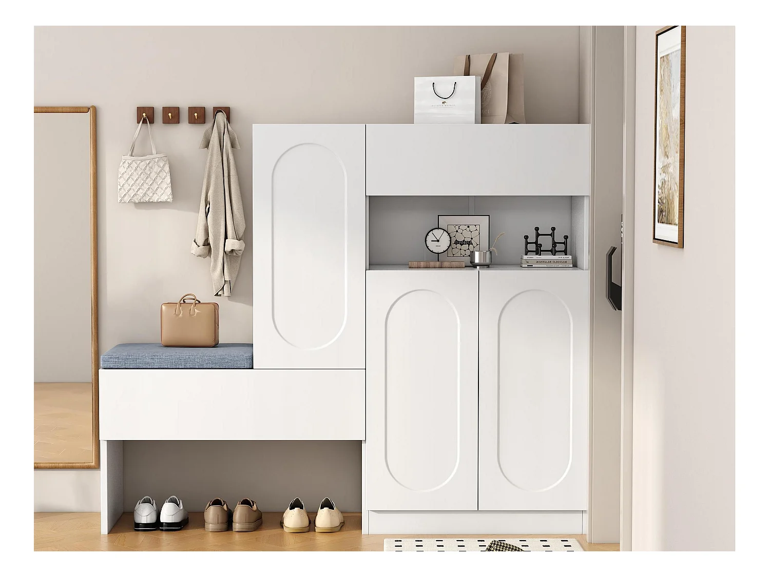 Meuble à chaussures multifonctionnelle - avec un siège rembourré - avec 4 portes et 1 tiroir - Blanc