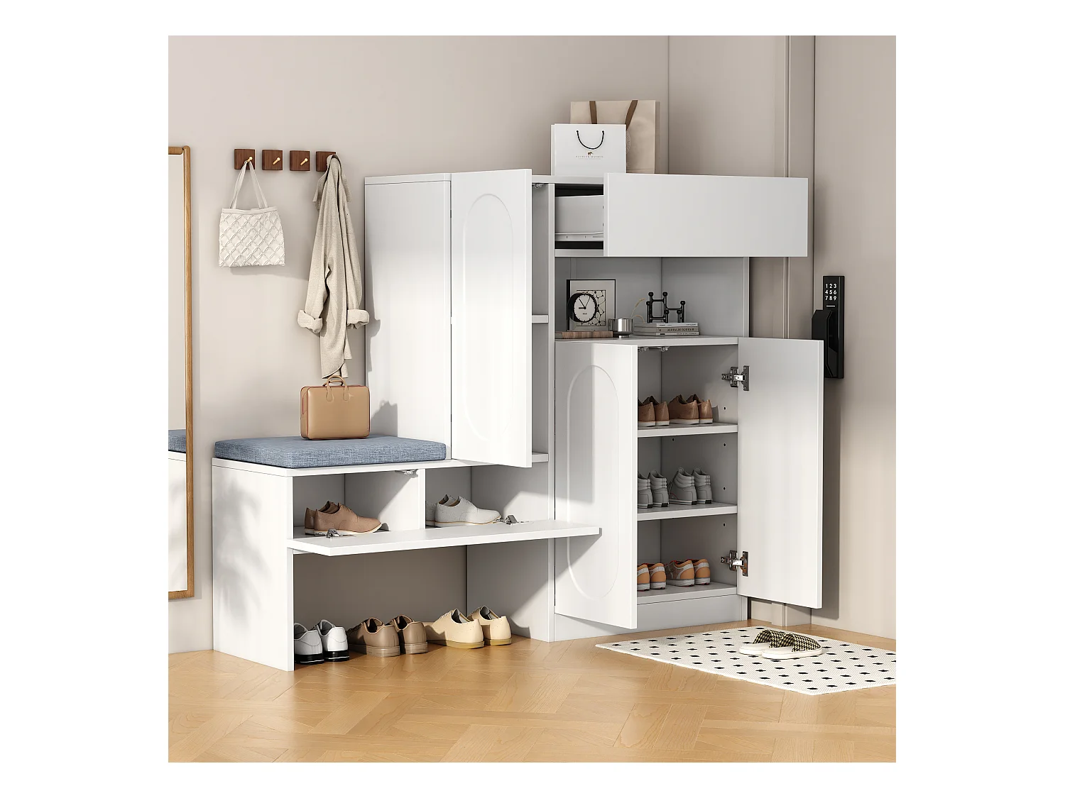 Meuble à chaussures multifonctionnelle - avec un siège rembourré - avec 4 portes et 1 tiroir - Blanc