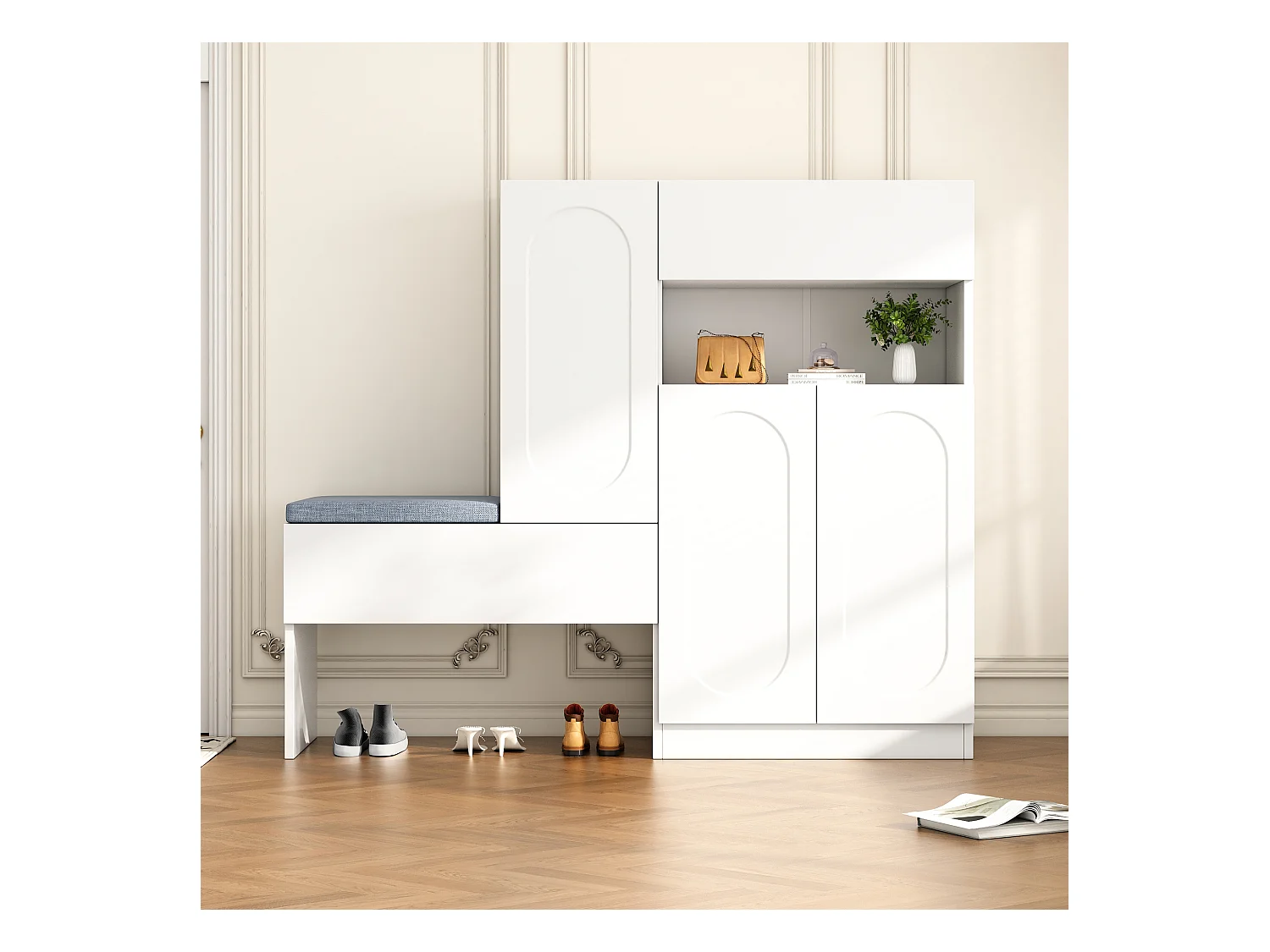 Meuble à chaussures multifonctionnelle - avec un siège rembourré - avec 4 portes et 1 tiroir - Blanc