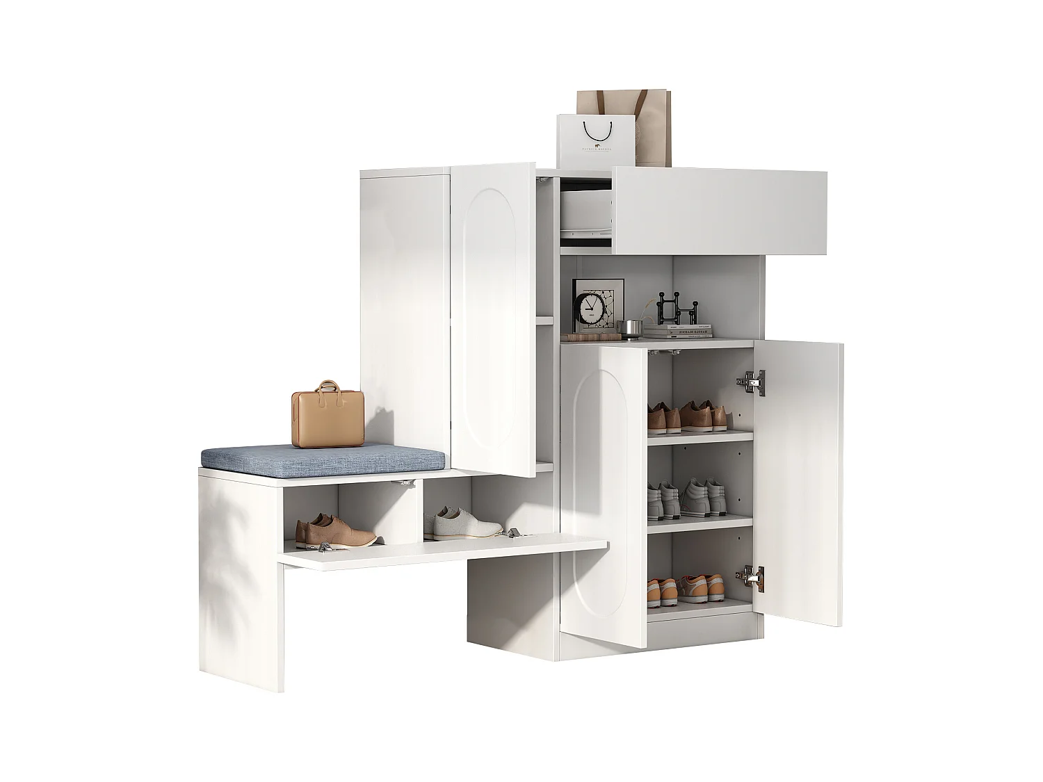 Meuble à chaussures multifonctionnelle - avec un siège rembourré - avec 4 portes et 1 tiroir - Blanc