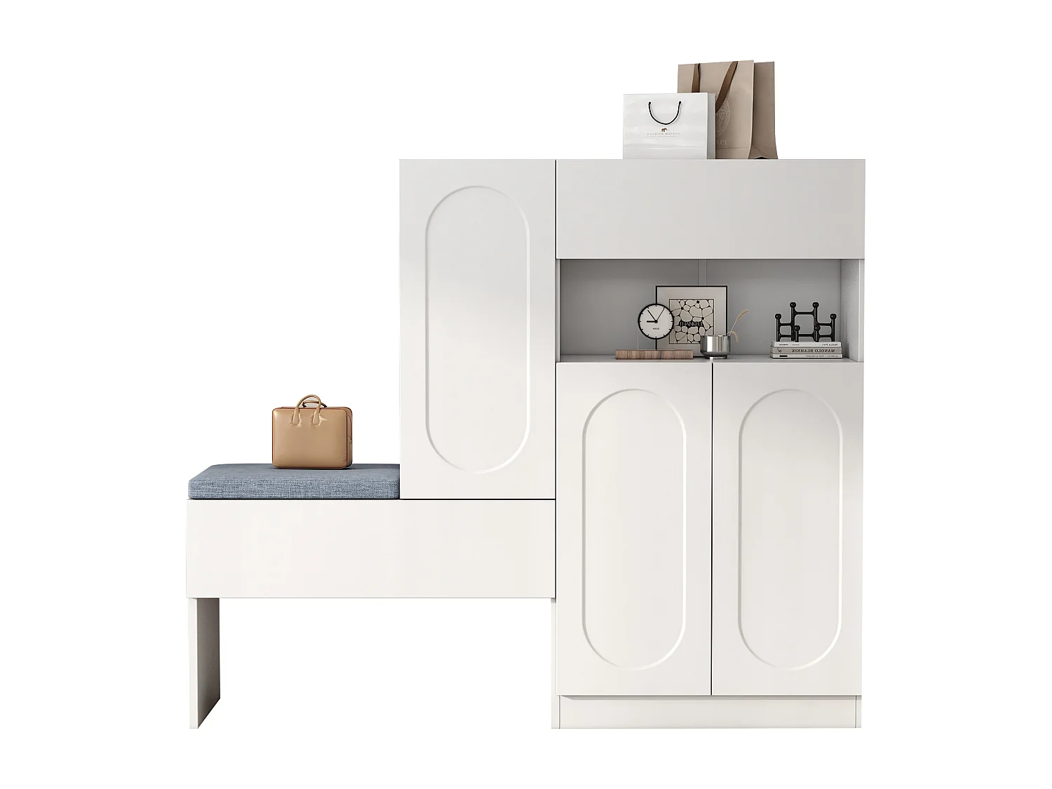 Meuble à chaussures multifonctionnelle - avec un siège rembourré - avec 4 portes et 1 tiroir - Blanc